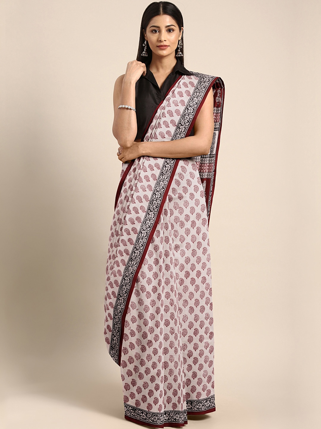 

Kalakari India Off-White & Maroon Printed Bagh Handloom Sustainable Saree