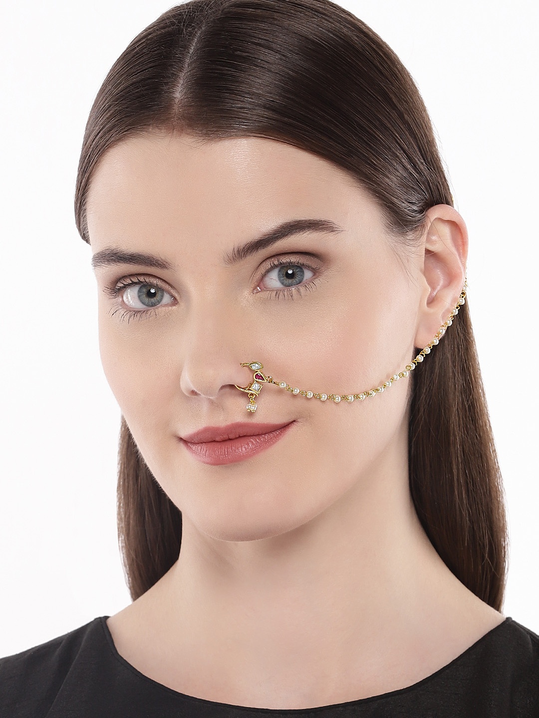 

AccessHer Gold-Plated Vilandi Kundan Stone and Pearl-Studded Chained Nose Ring