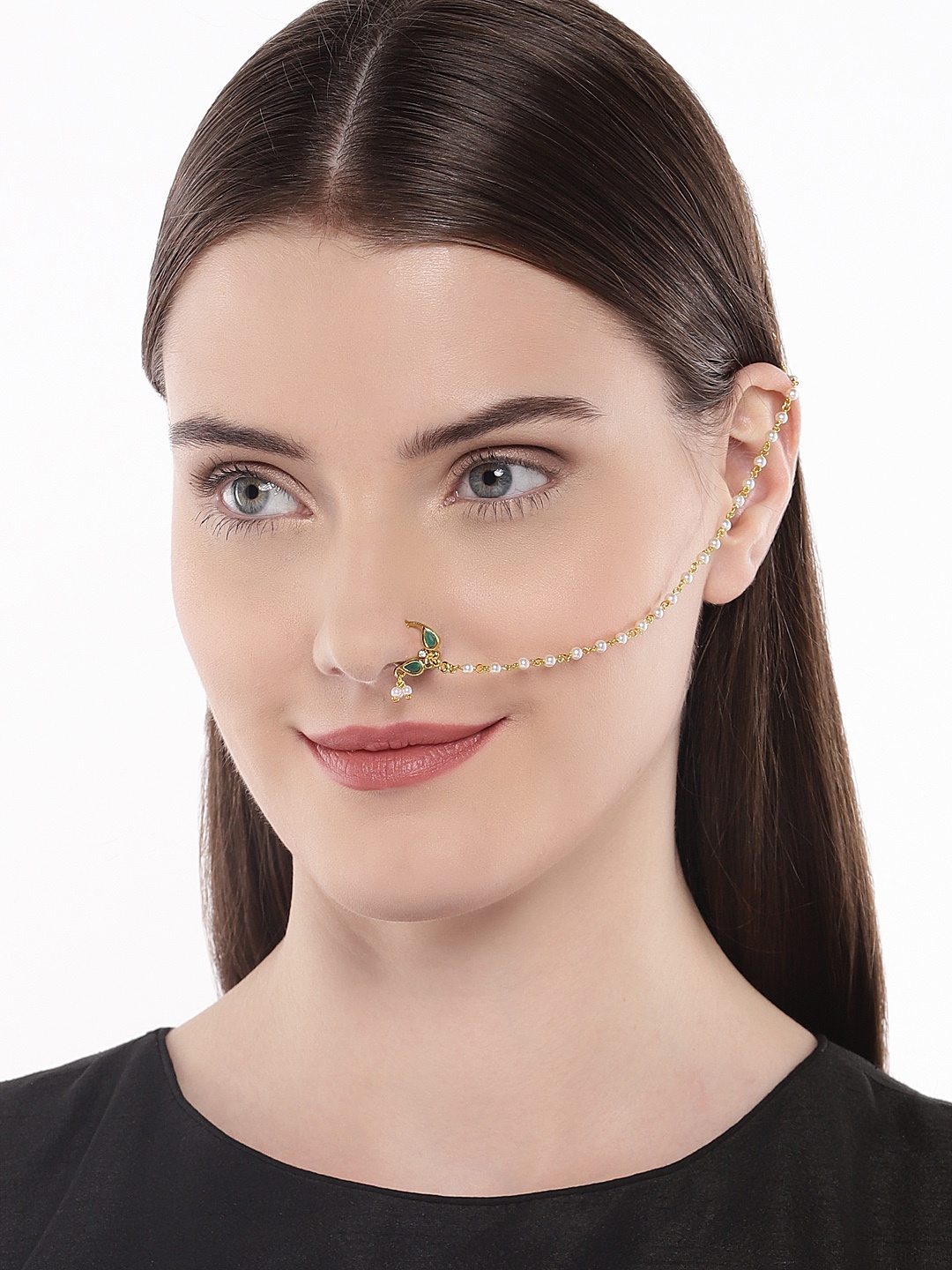 

AccessHer Gold-Plated and Green Vilandi Kundan Stone and Pearl-Studded Chained Nose Ring