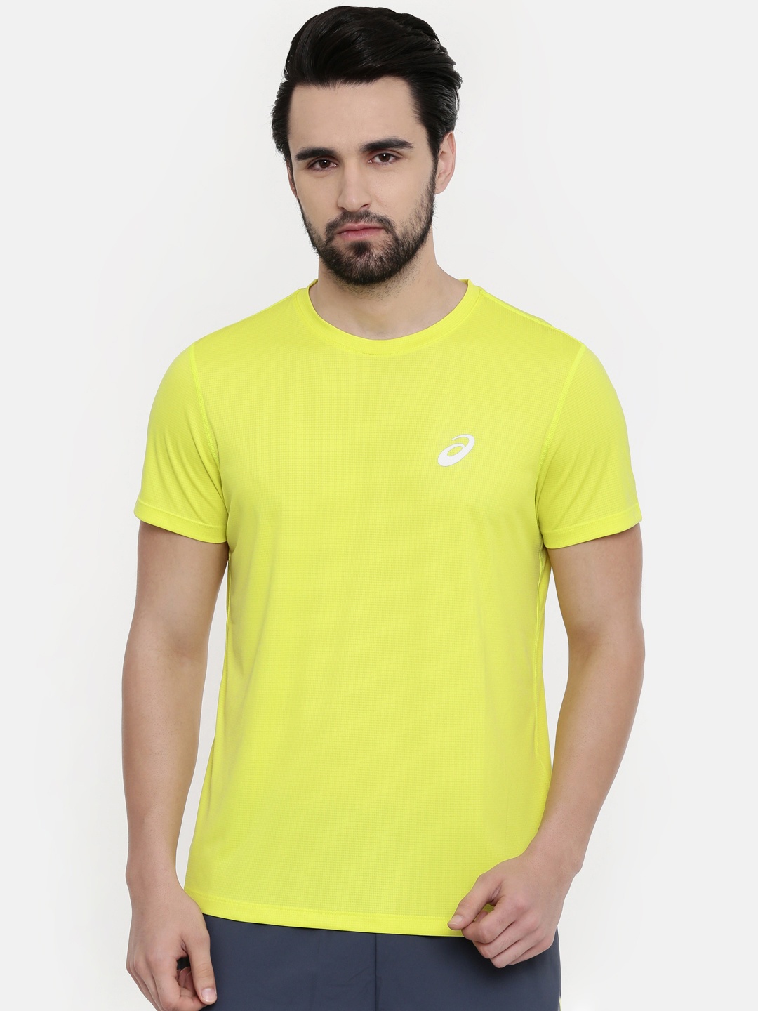

ASICS Men Fluoroscent Green Self Checked Round Neck Silver Ss Running T-shirt, Fluorescent green