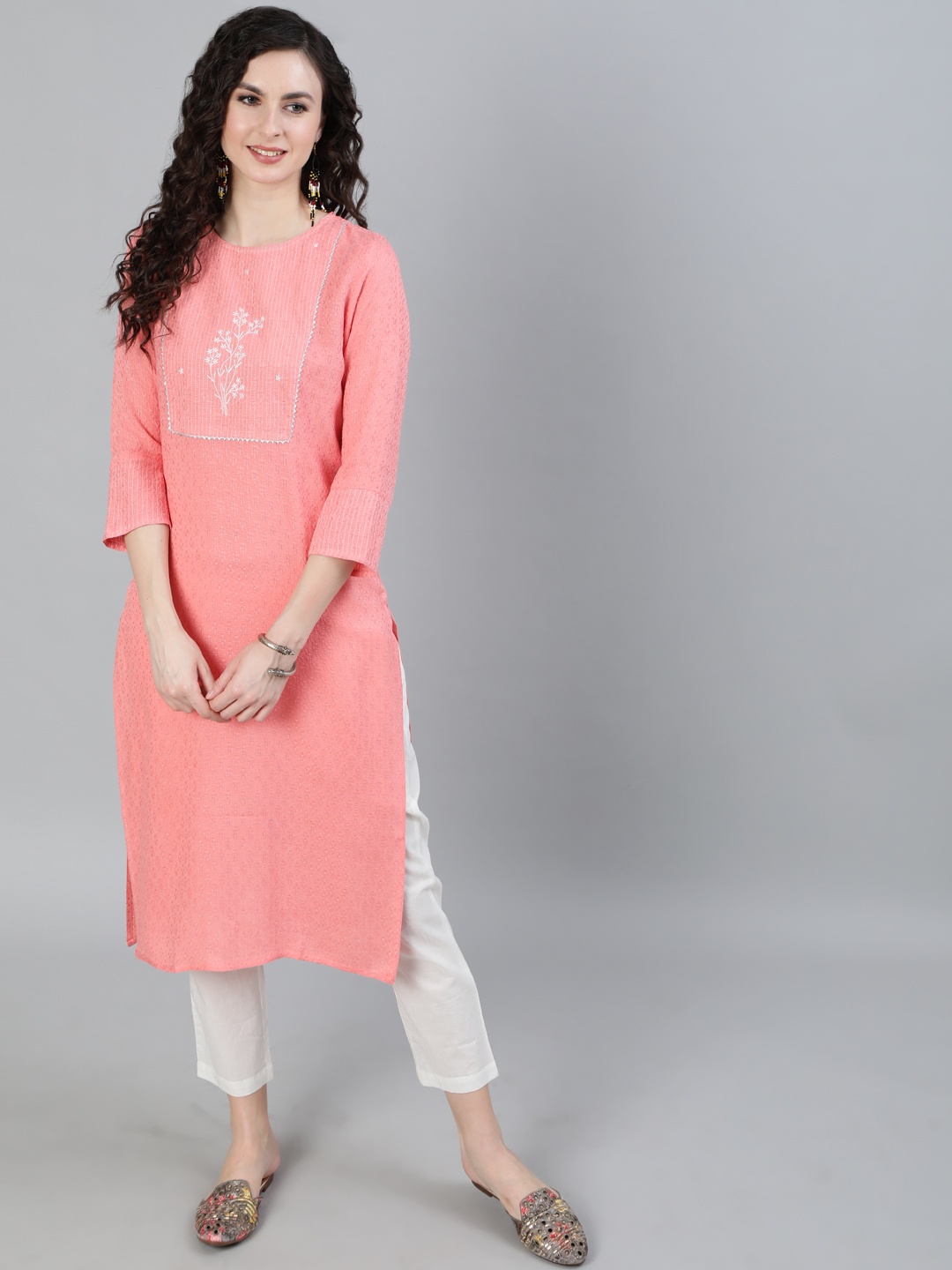 

Jaipur Kurti Women Coral Pink Woven Design Straight Kurta