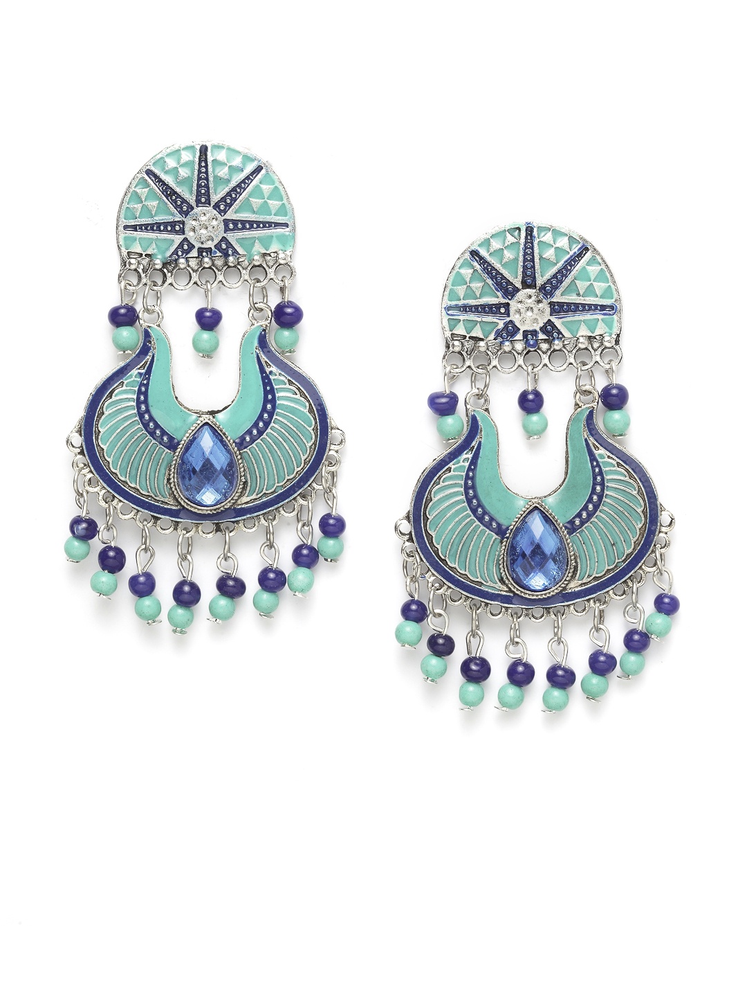 

Moedbuille Turquoise Blue & Silver-Plated Handpainted Crescent Shaped Drop Earrings