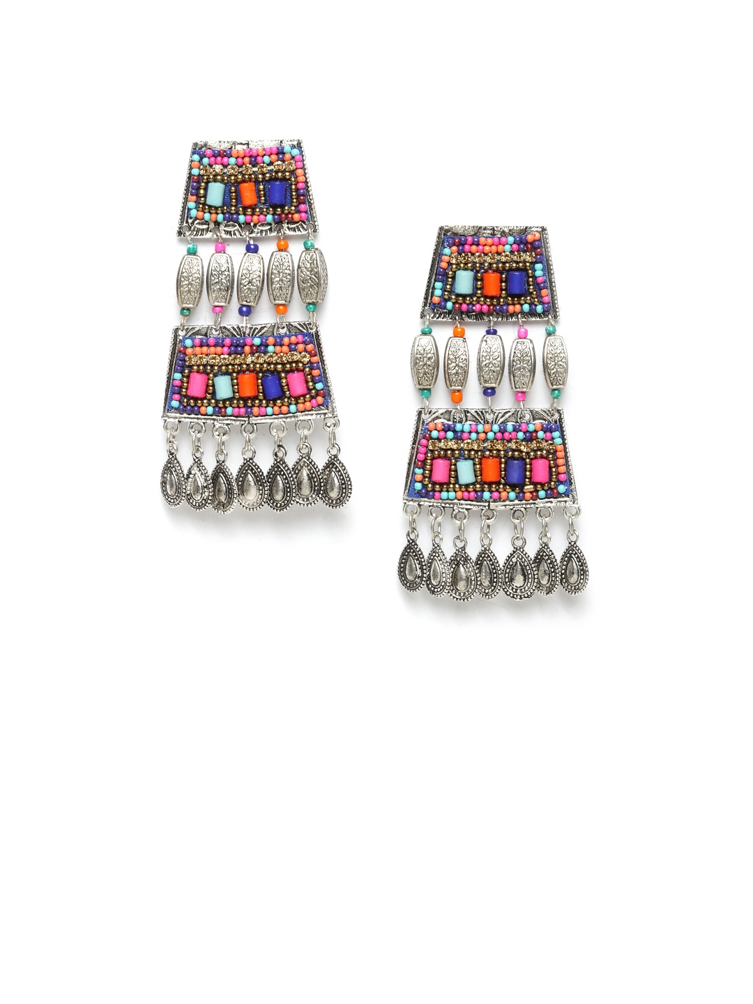 

Moedbuille Silver-Plated Multicoloured Afghan Geometric Drop Earrings, Multi