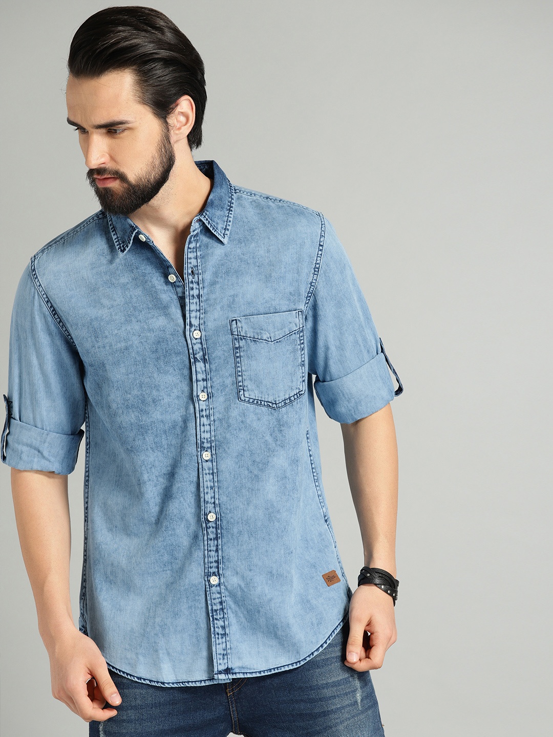 

Roadster Men Blue Faded Denim Casual Shirt