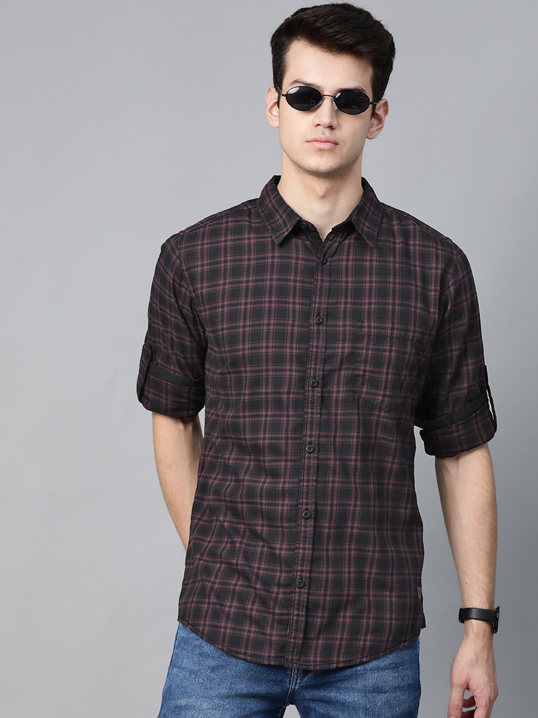 

The Roadster Lifestyle Co Men Black & Purple Checked Sustainable Casual Shirt
