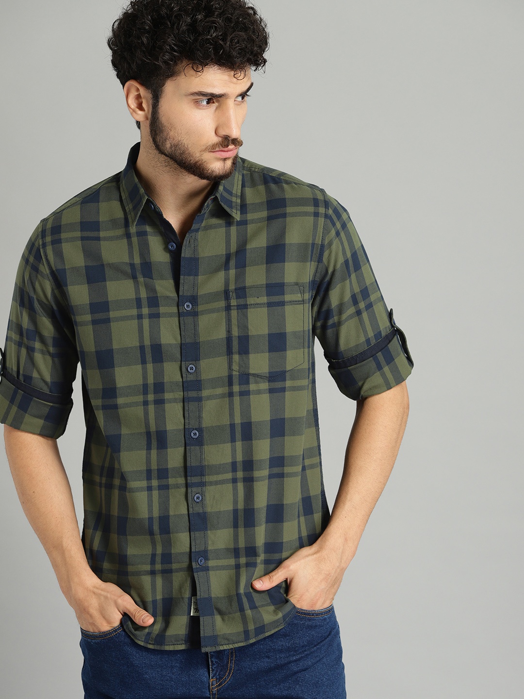 

Roadster Men Olive Green Navy Blue Checked Pure Cotton Casual Sustainable Shirt