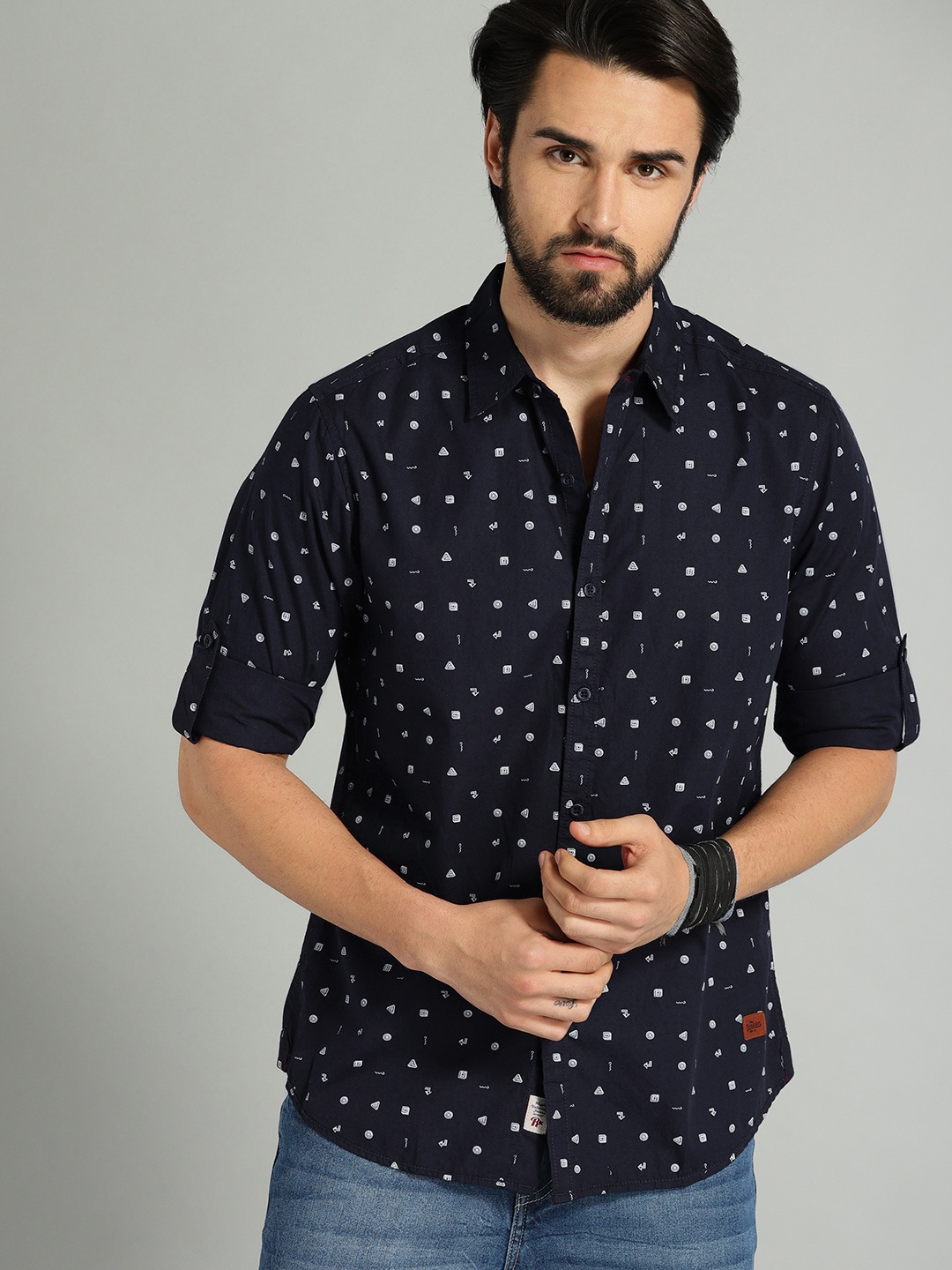 

Roadster Men Navy Blue White Printed Casual Sustainable Shirt