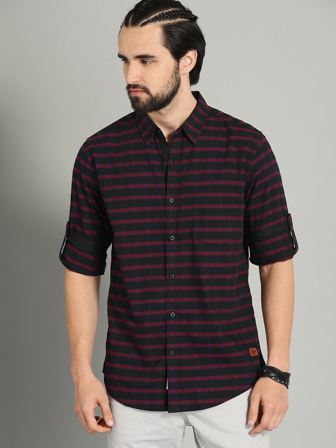 

The Roadster Lifestyle Co Men Burgundy & Black Striped Pure Cotton Sustainable Casual Shirt