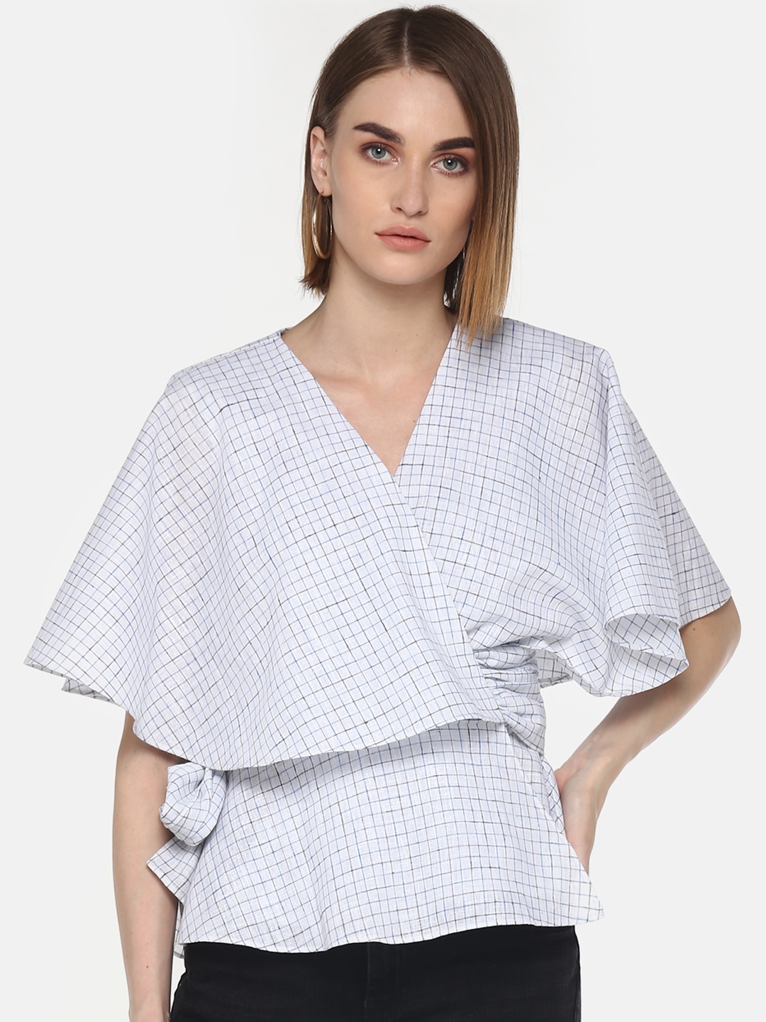 

LA LOFT Women White & Blue Checked Wrap Top