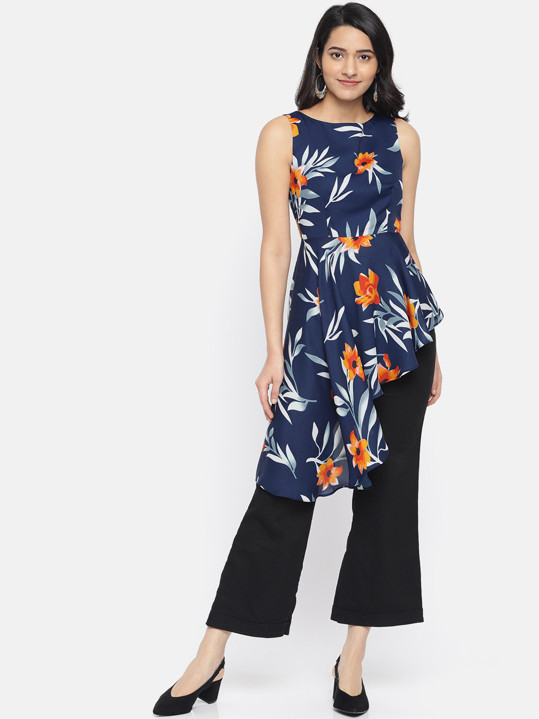 

ROVING MODE Women Navy Blue Longline Printed Top