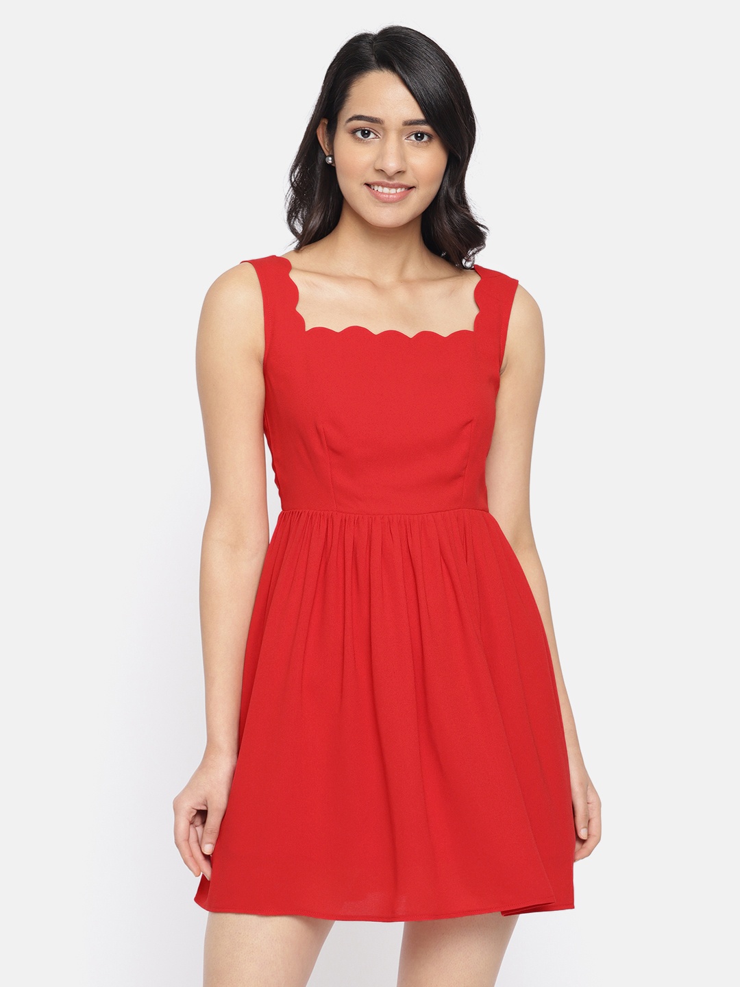 

ROVING MODE Women Red Solid Fit and Flare Dress