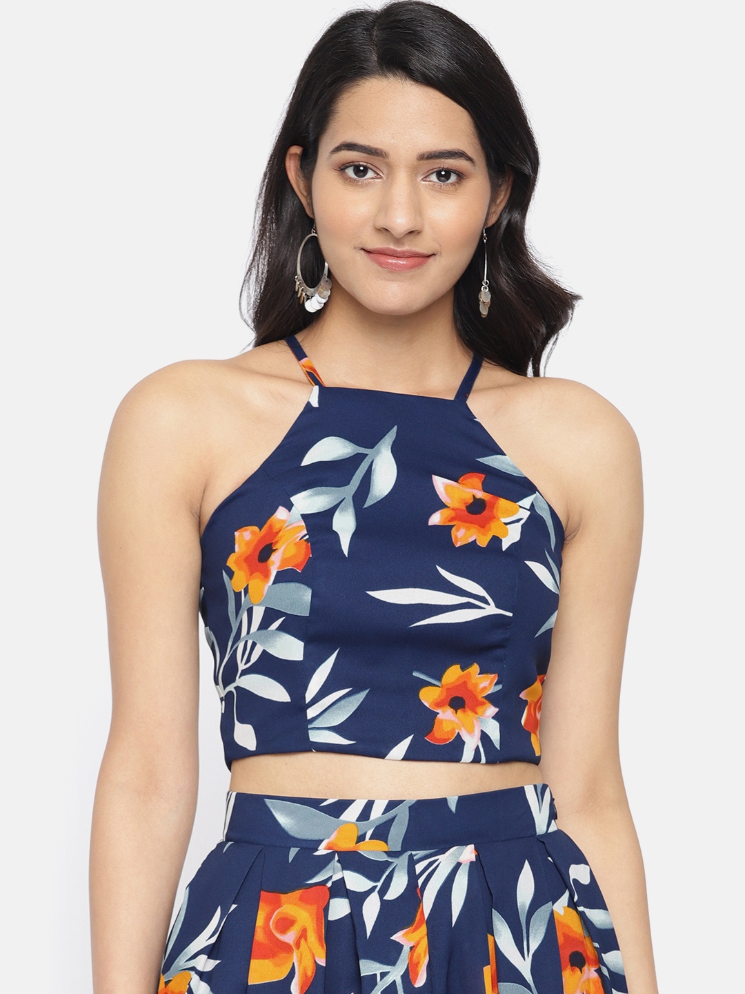 

ROVING MODE Women Navy Blue Tropical Printed Regular Cropped Top