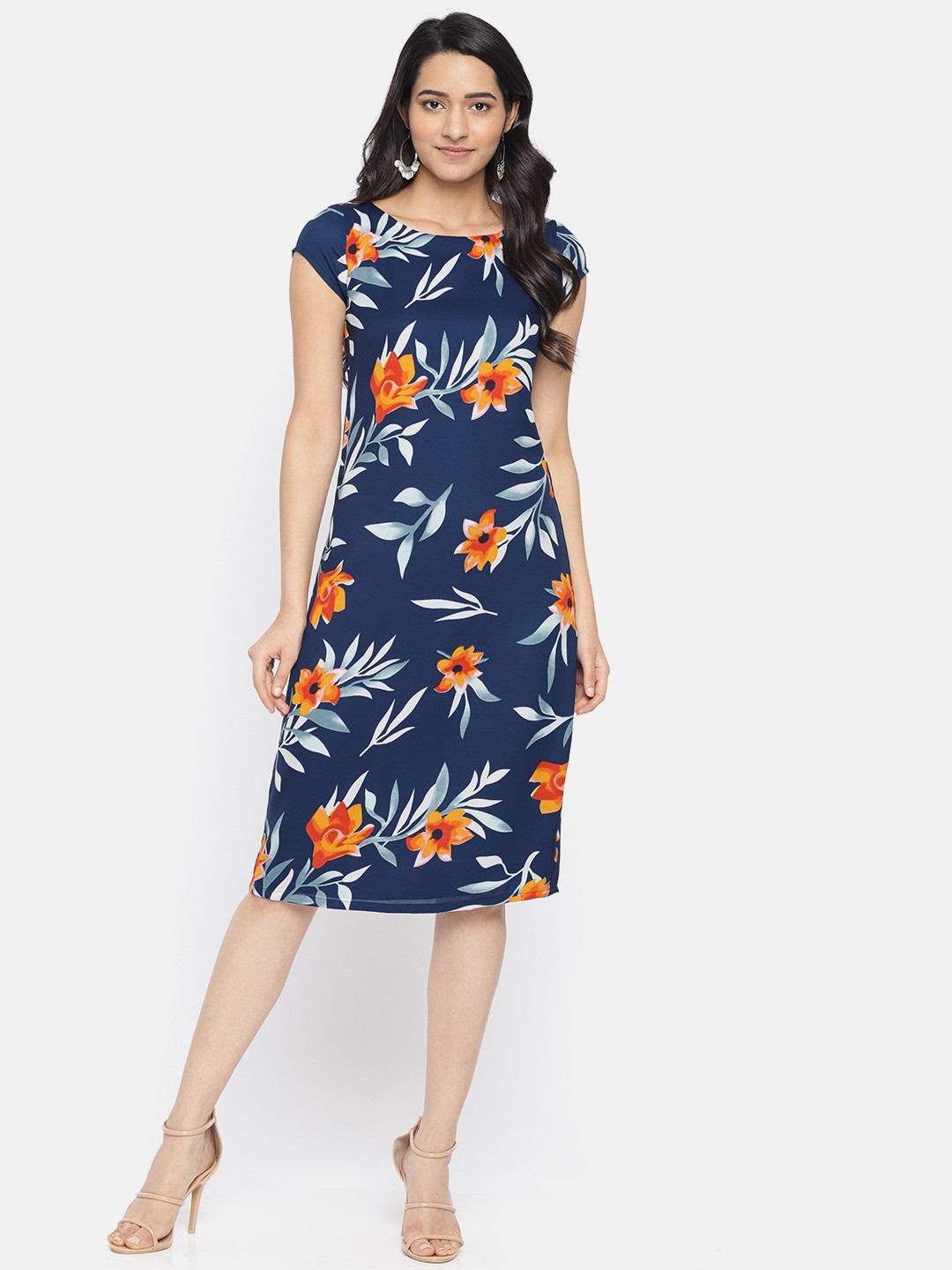

ROVING MODE Women Navy Blue & Mustard Yellow Printed Sheath Dress