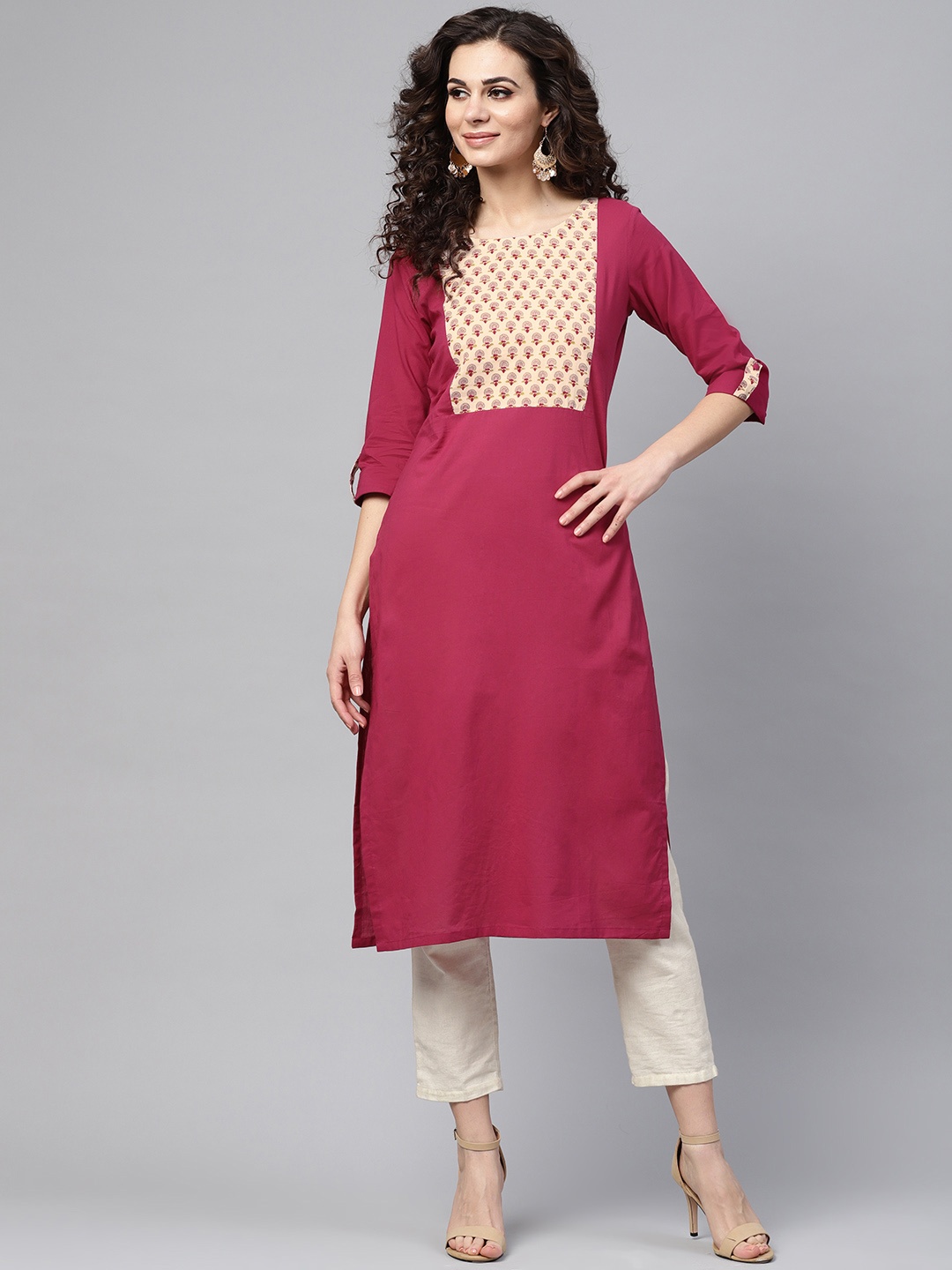 

Nayo Women Magenta & Beige Yoke Design Straight Kurta