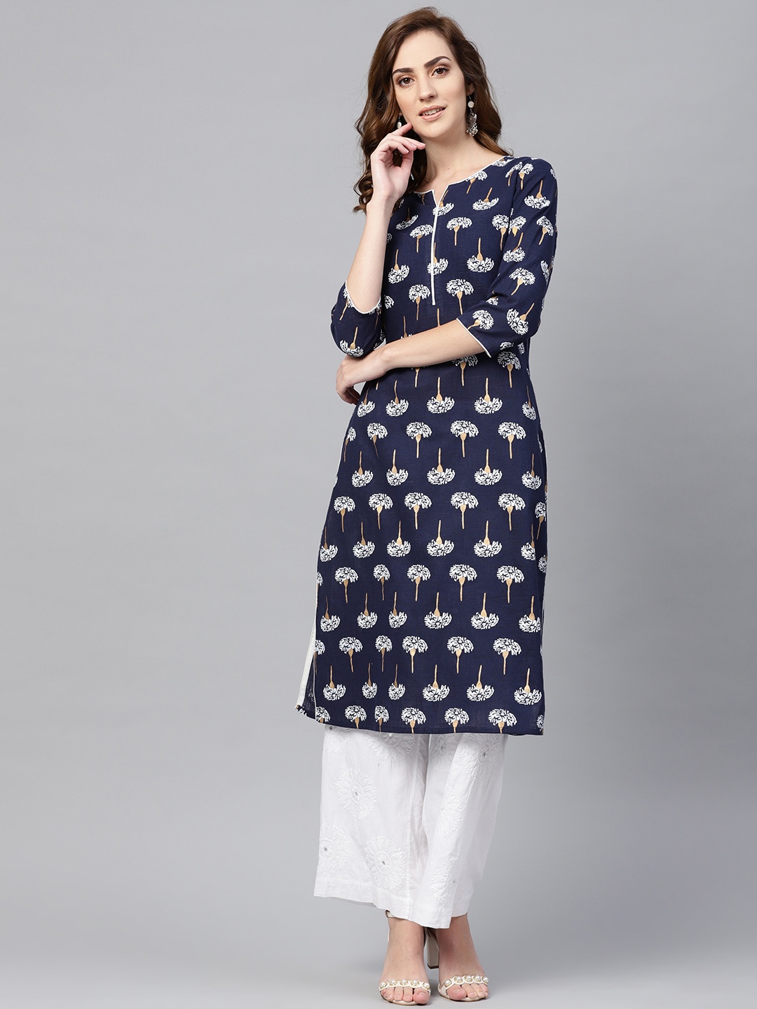 

AASI - HOUSE OF NAYO Women Navy Blue & White Printed Straight Kurta