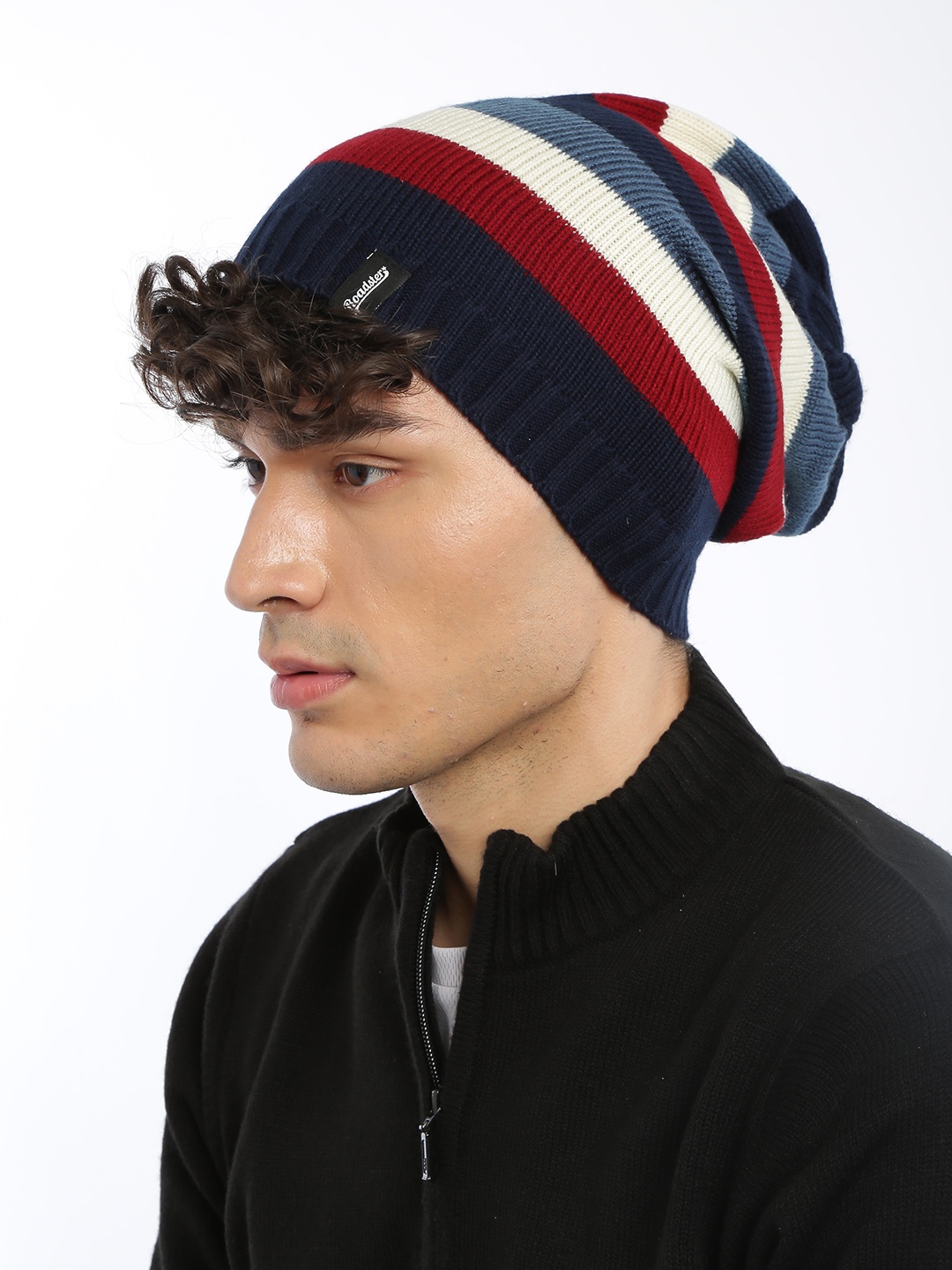 

The Roadster Lifestyle Co Unisex Navy Blue & Off-White Striped Beanie