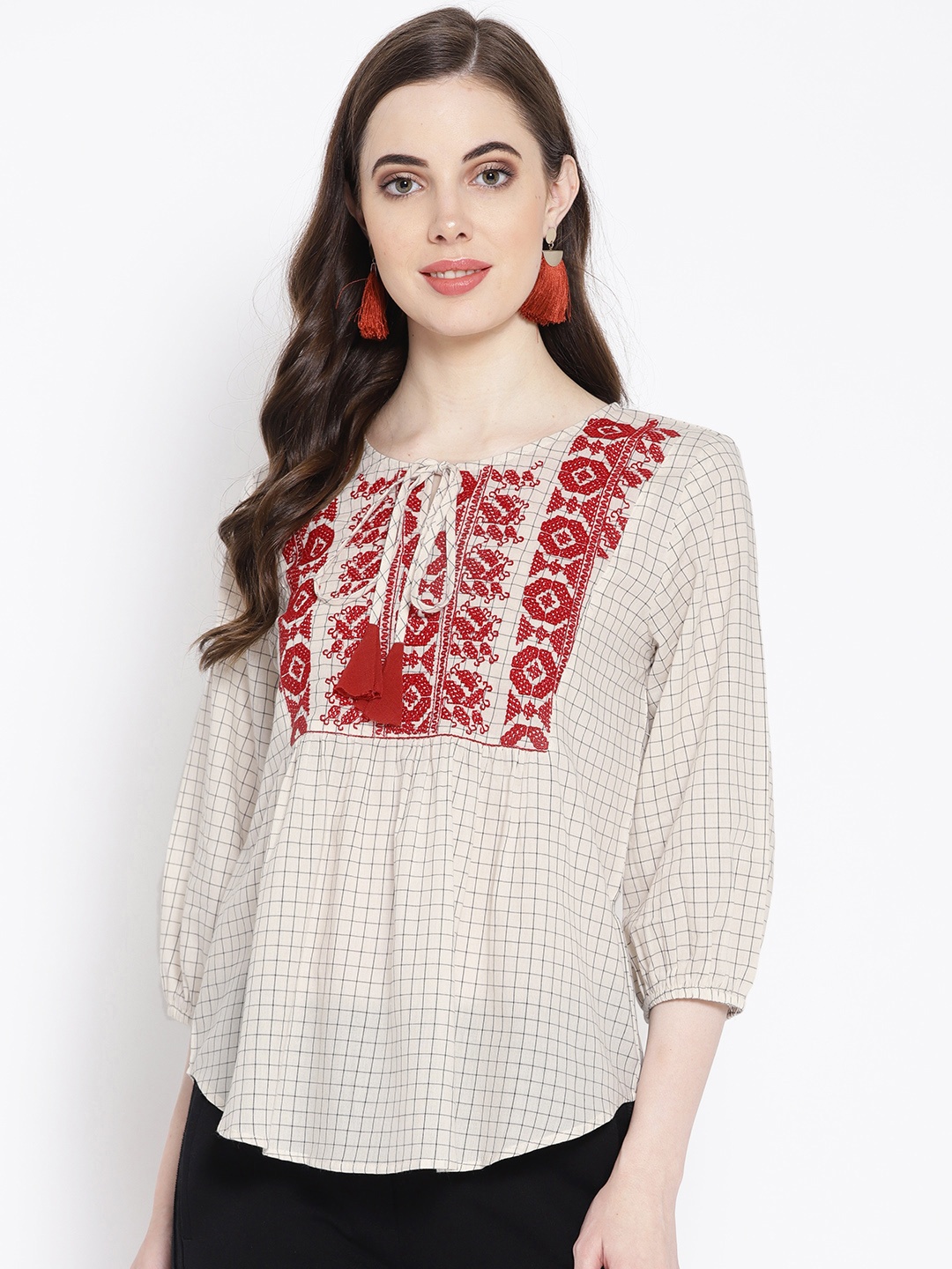 

Antheaa Women Beige & Red Checked Top