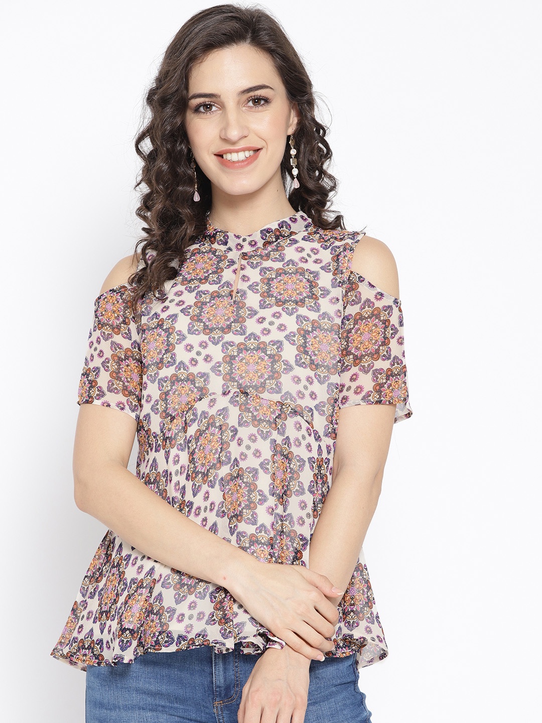 

Antheaa Women Off-White & Purple Printed Cold-Shoulder A-Line Top