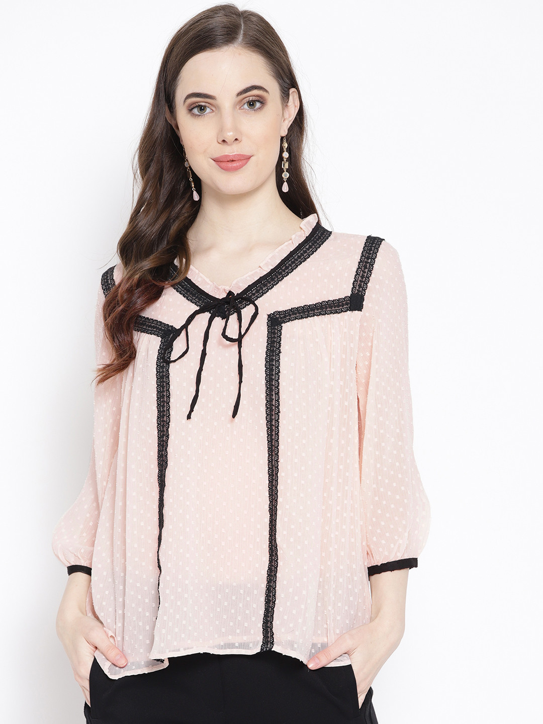 

Antheaa Women Peach-Coloured & Black Self Design Top