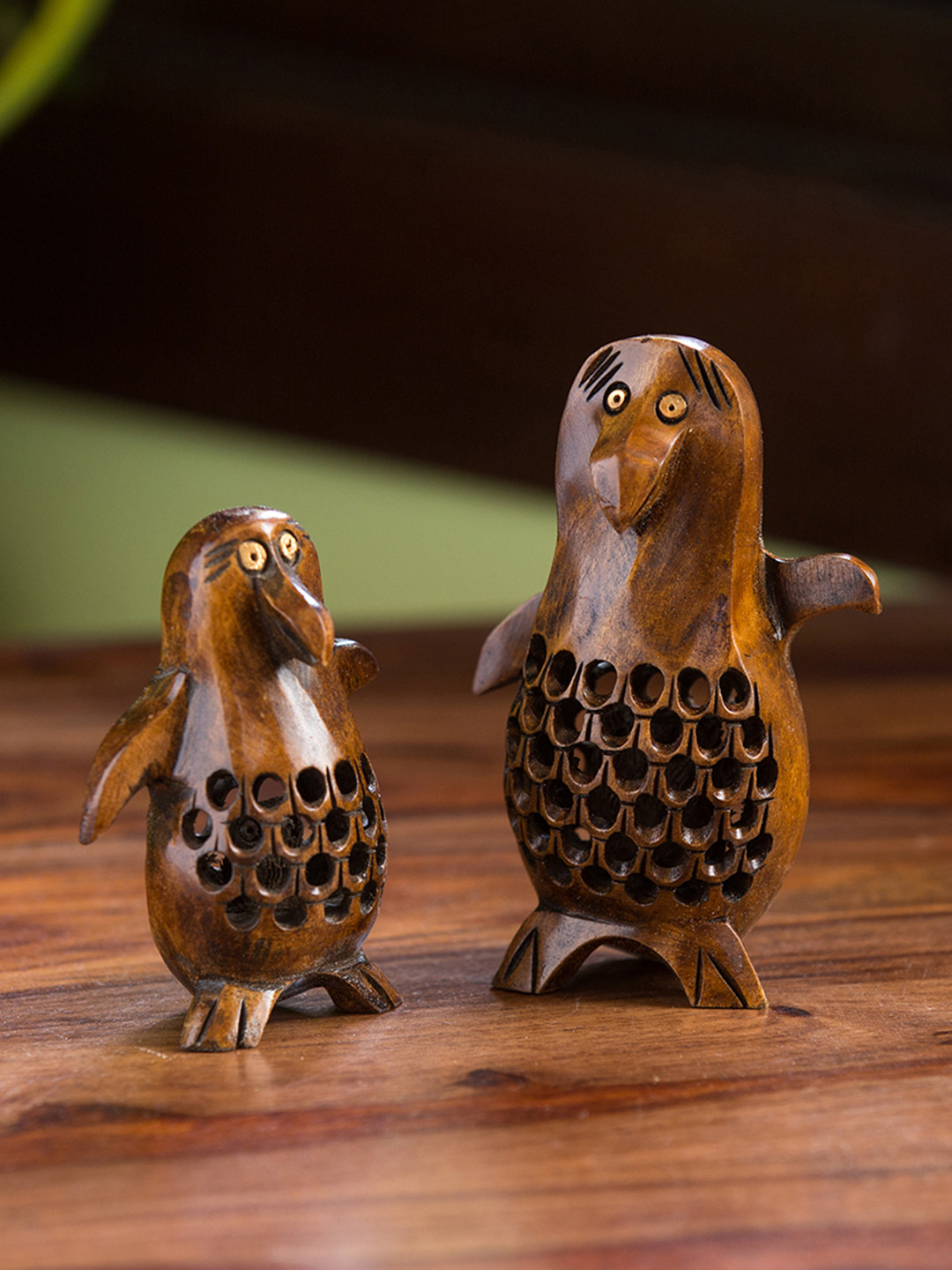 

ExclusiveLane Set of 2 Brown Wooden Handcarved Penguins Showpieces