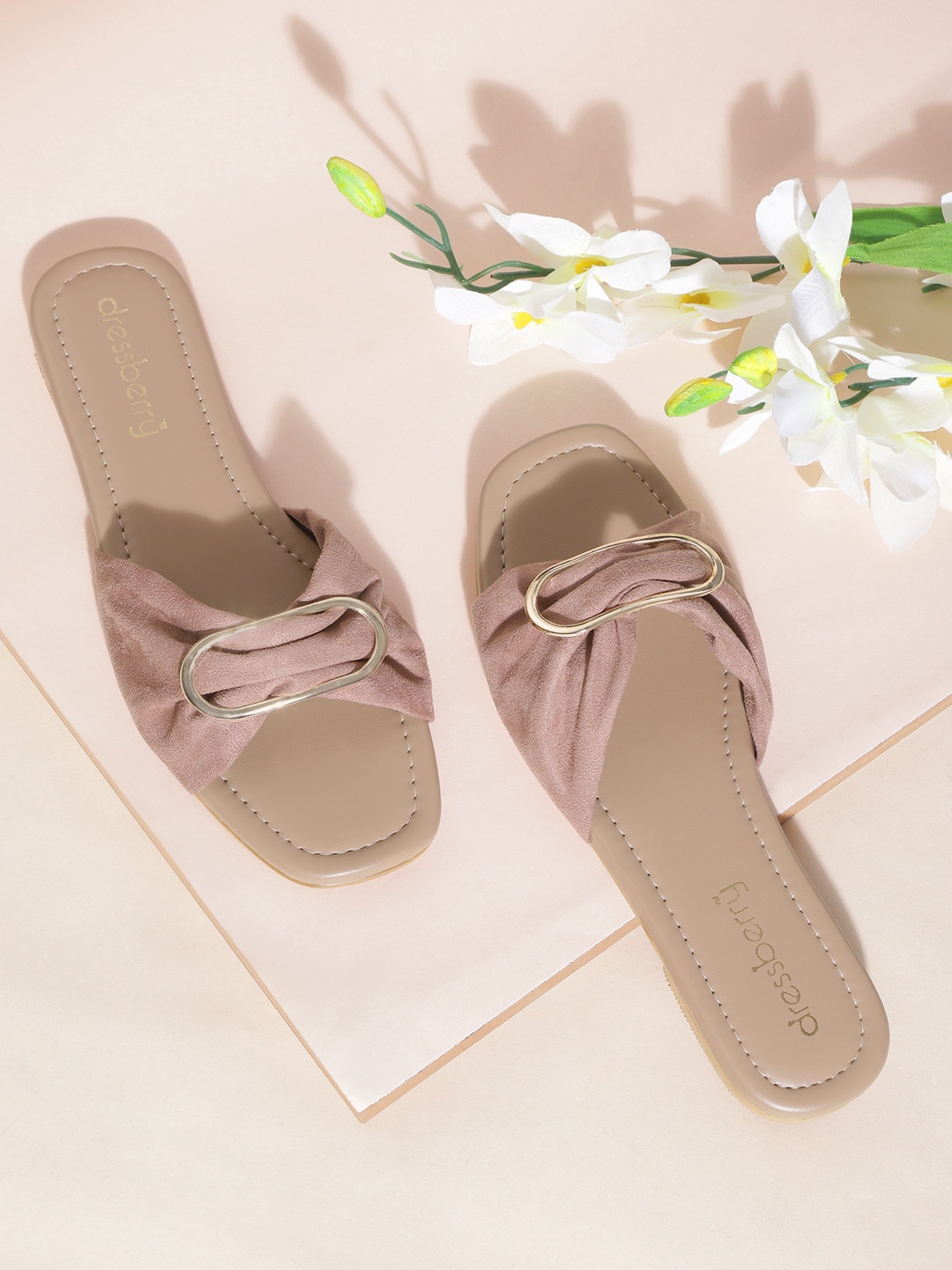 

DressBerry Women Beige Solid Open Toe Flats with Metal Detail