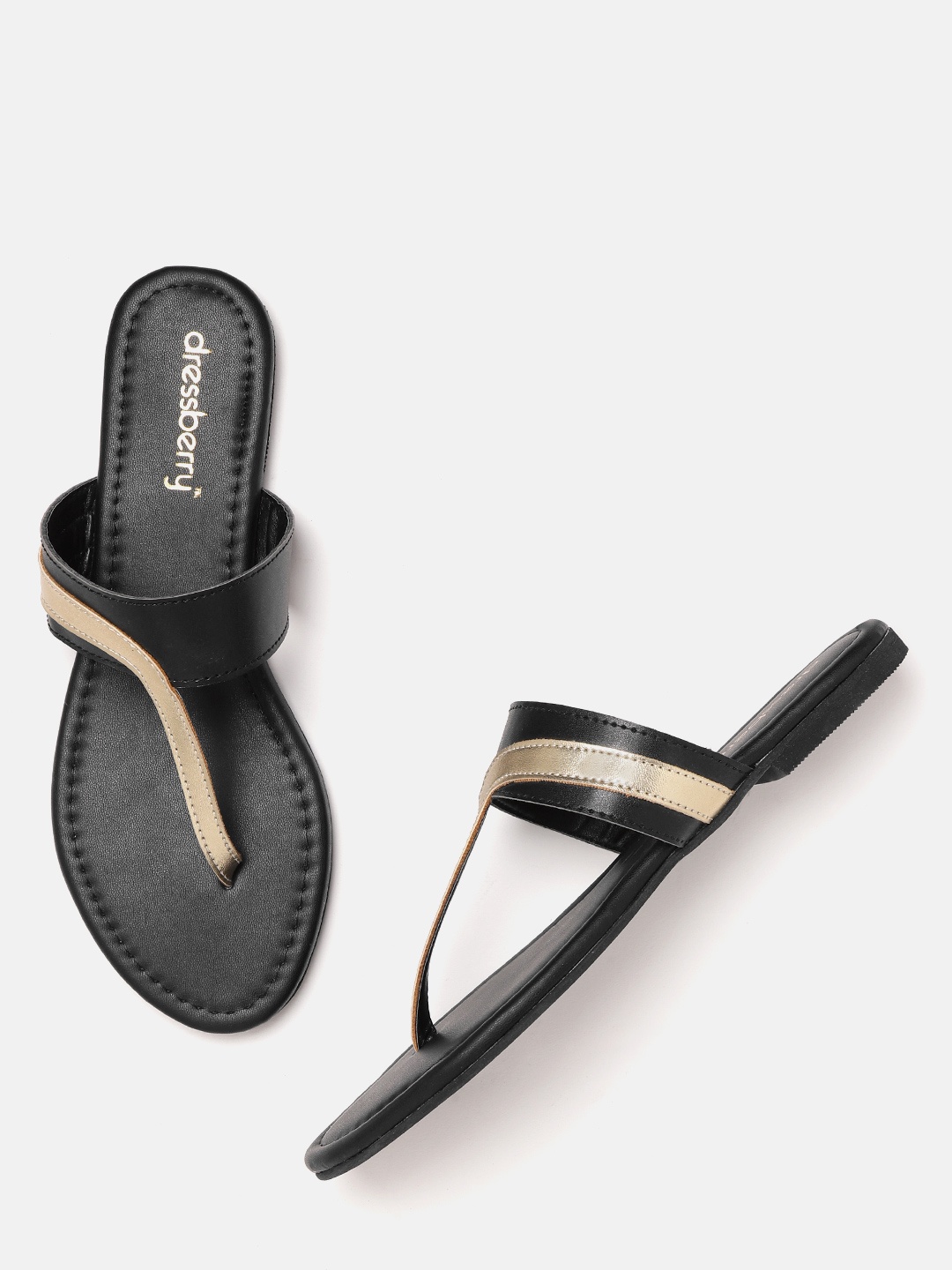 

DressBerry Women Black & Gold-Toned Colourblocked T-Strap Flats