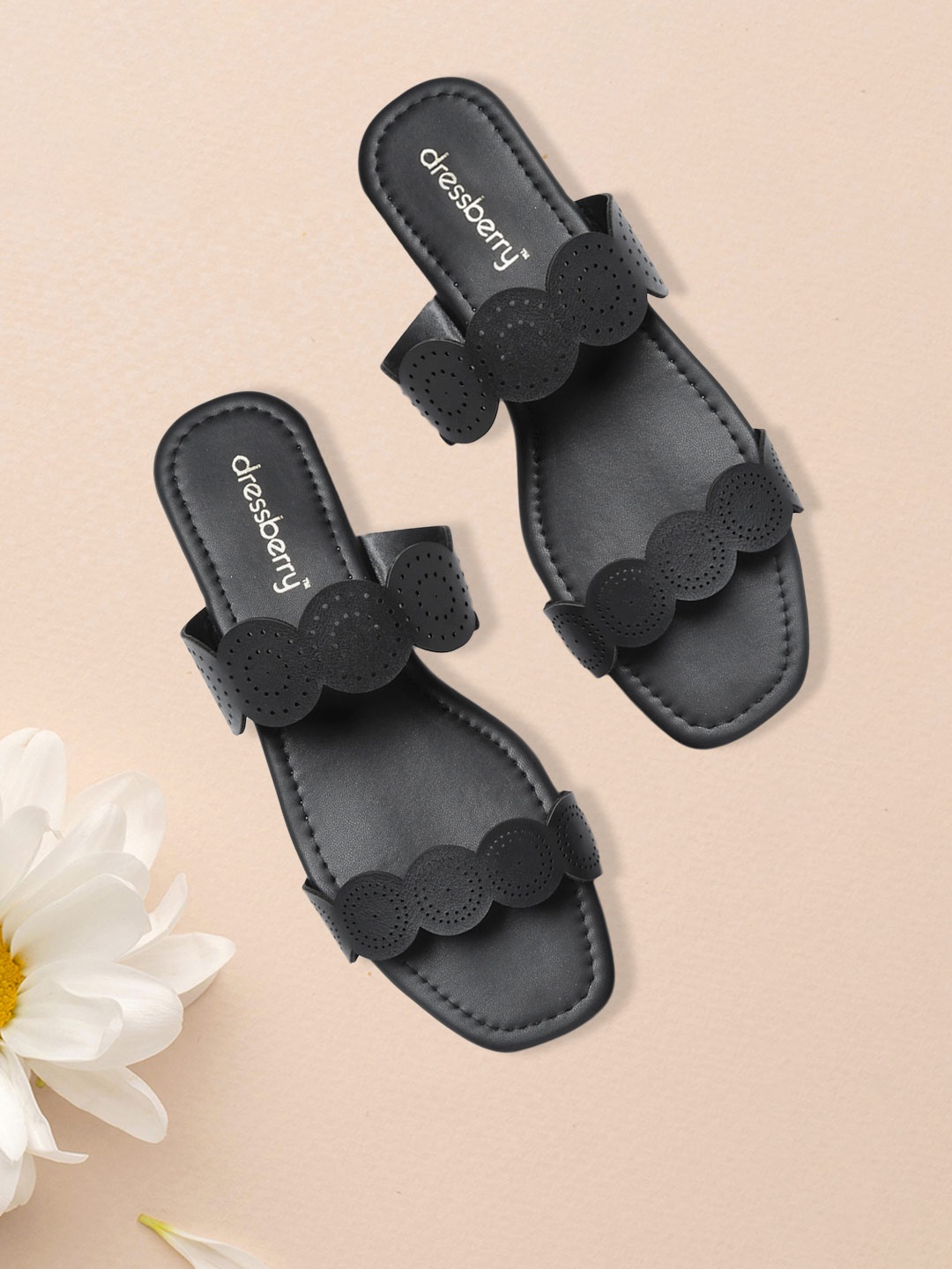 

DressBerry Women Black Solid Perforated Open Toe Flats