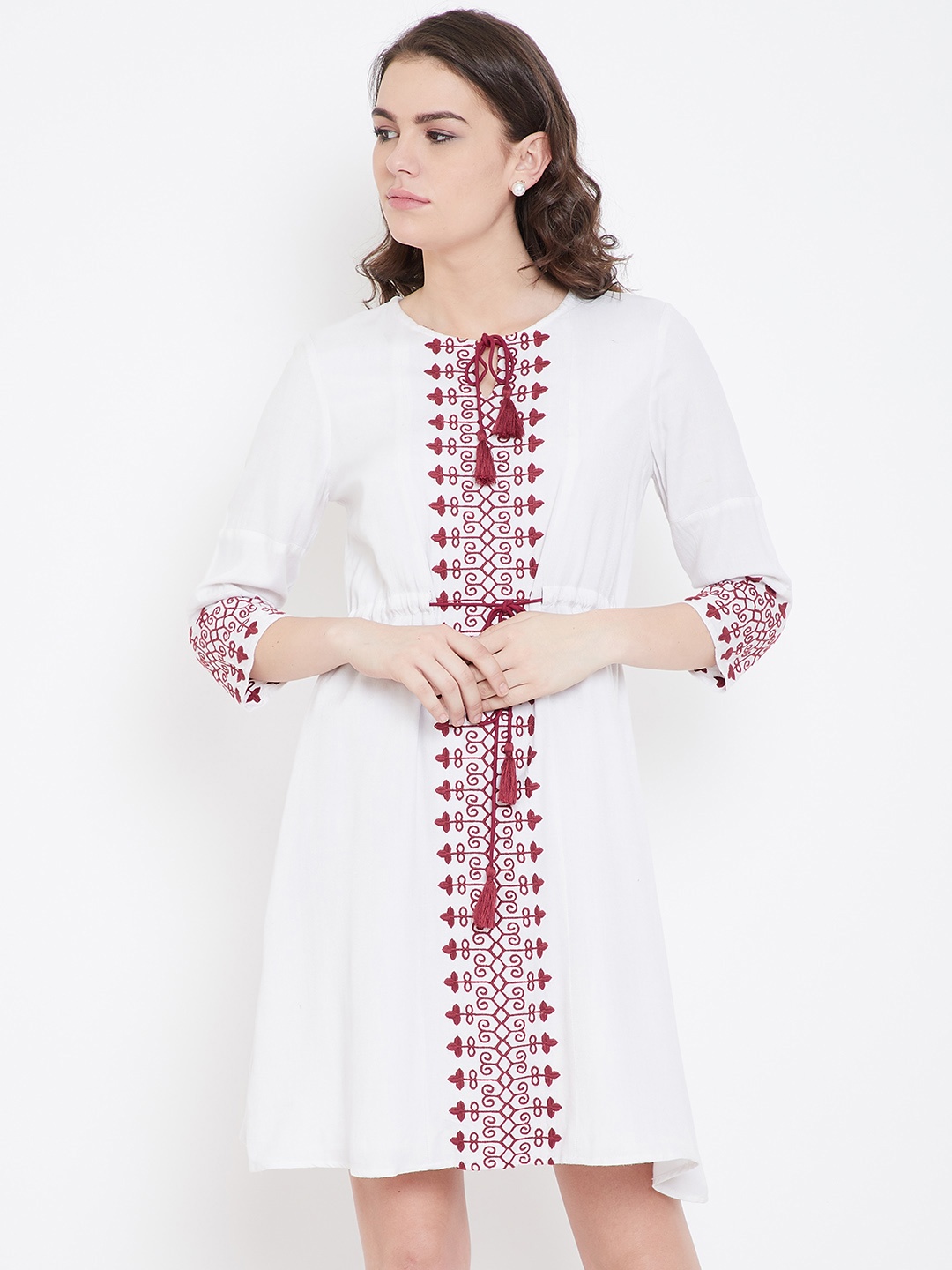 

DODO & MOA Women White & Maroon Embroidered A-Line Dress
