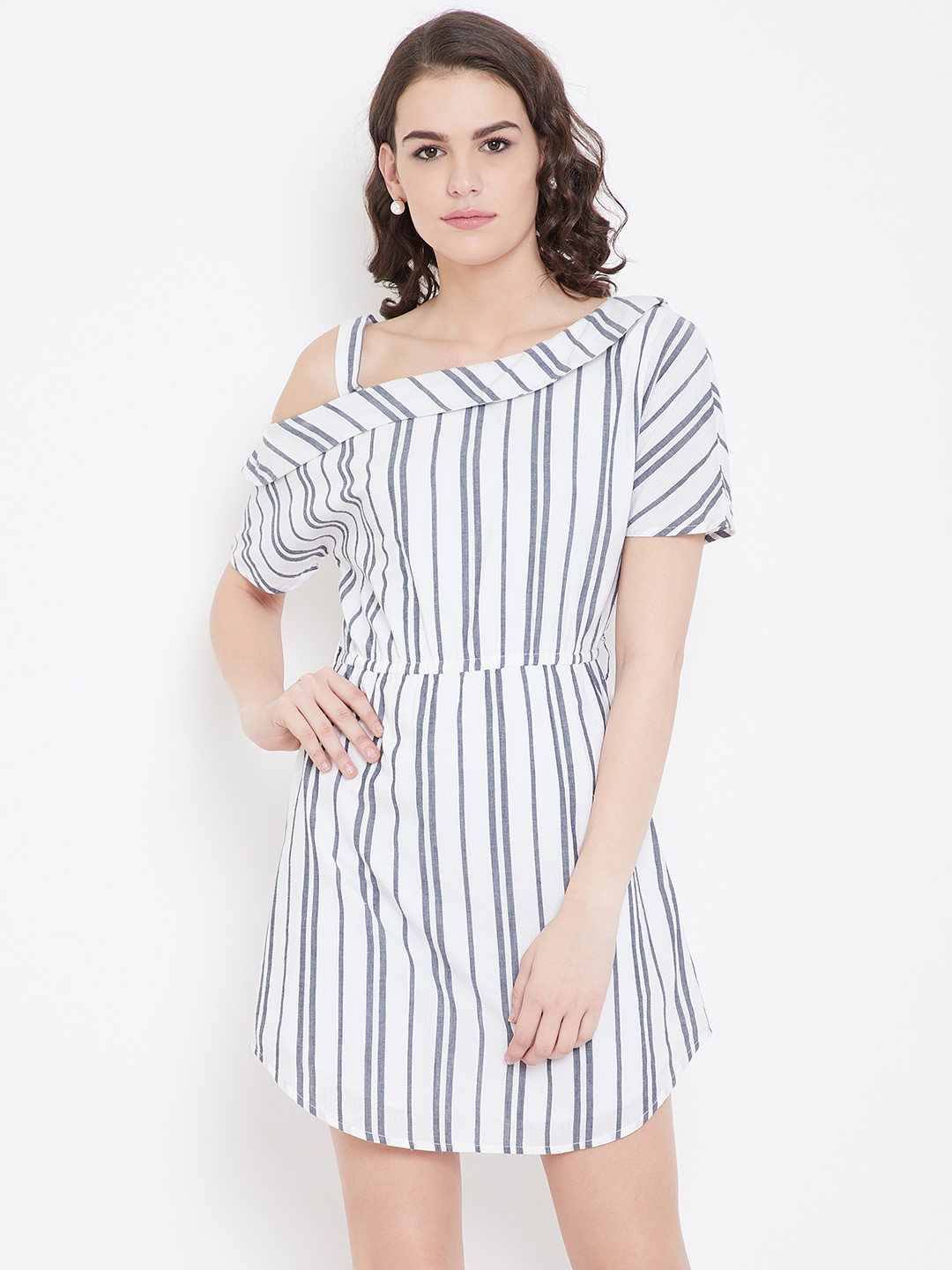 

DODO & MOA Women White & Navy Blue Striped A-Line Dress