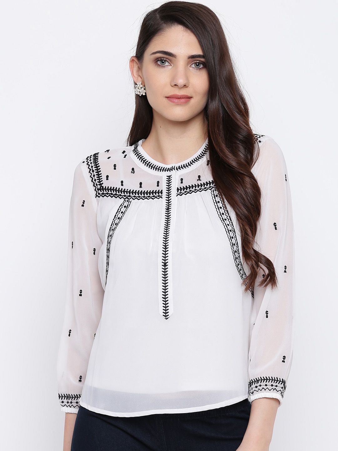 

DODO & MOA Women White Embroidered Detail Top