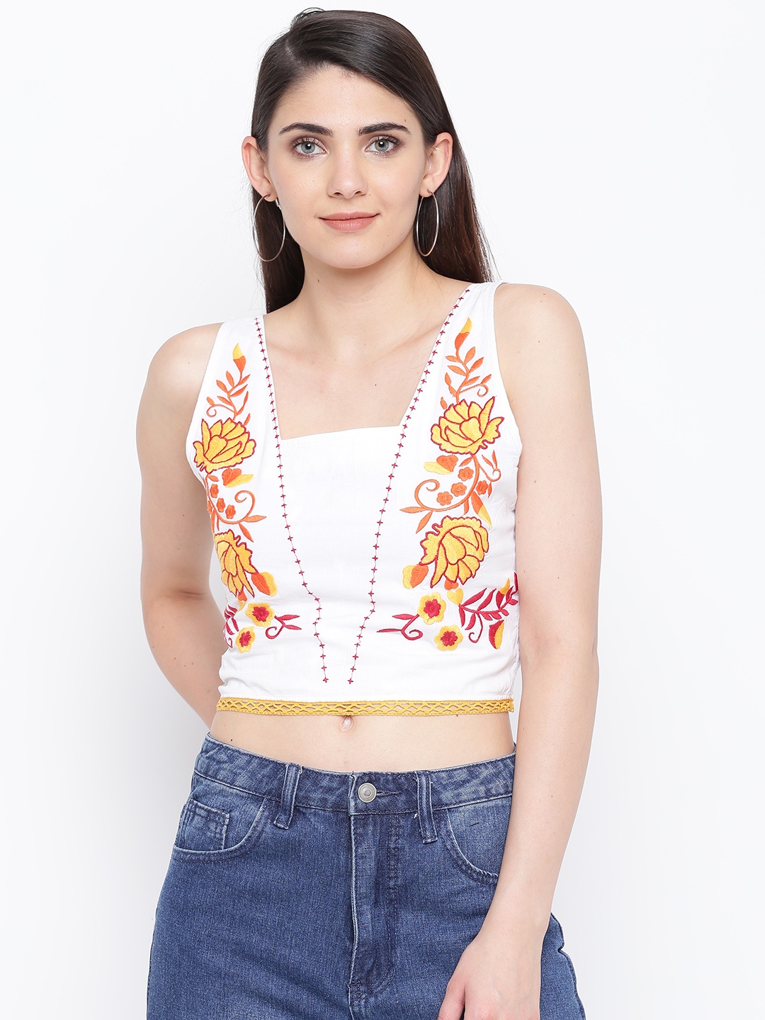 

DODO & MOA Women White Embroidered Crop Styled Back Pure Cotton Top