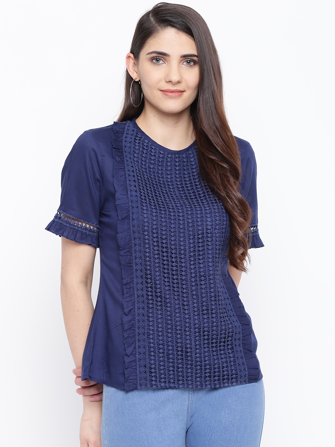 

DODO & MOA Women Navy Blue Lace Inserts Top