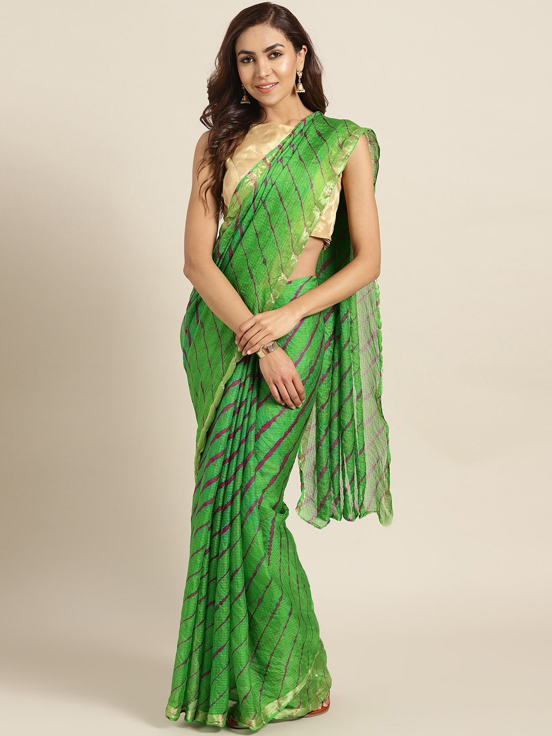 

Geroo Jaipur Hand Dyed Green Leheriya Kota Doria Sustainable Saree