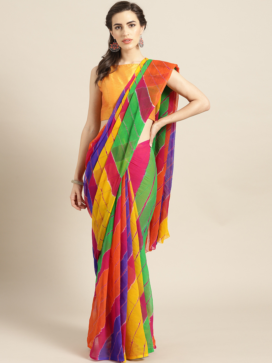 

Mitera Hand Dyed Multicolor Leheriya Chiffon Sustainable Saree, Multi