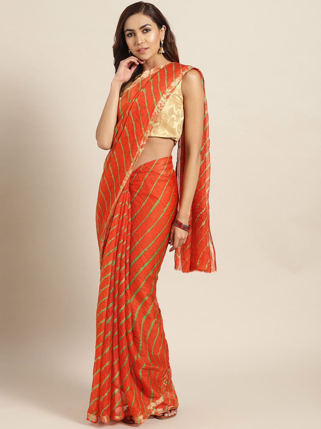 

Mitera Dyed Orange Leheriya Kota Doria Saree