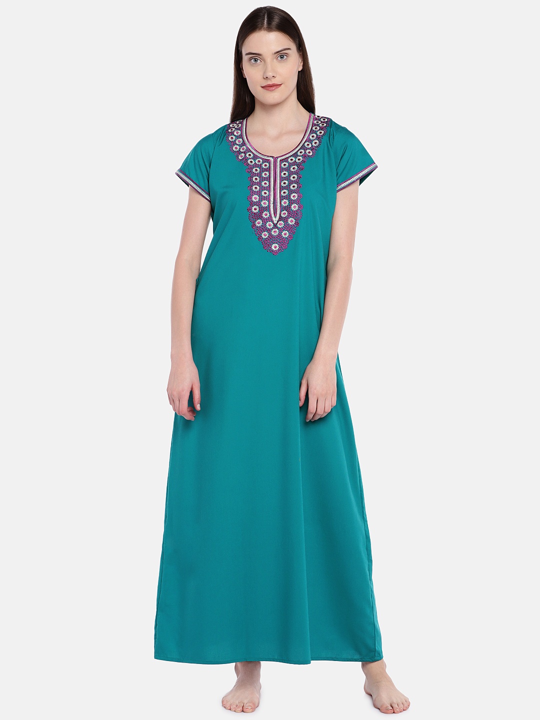 

Sand Dune Teal Blue Embroidered Nightdress