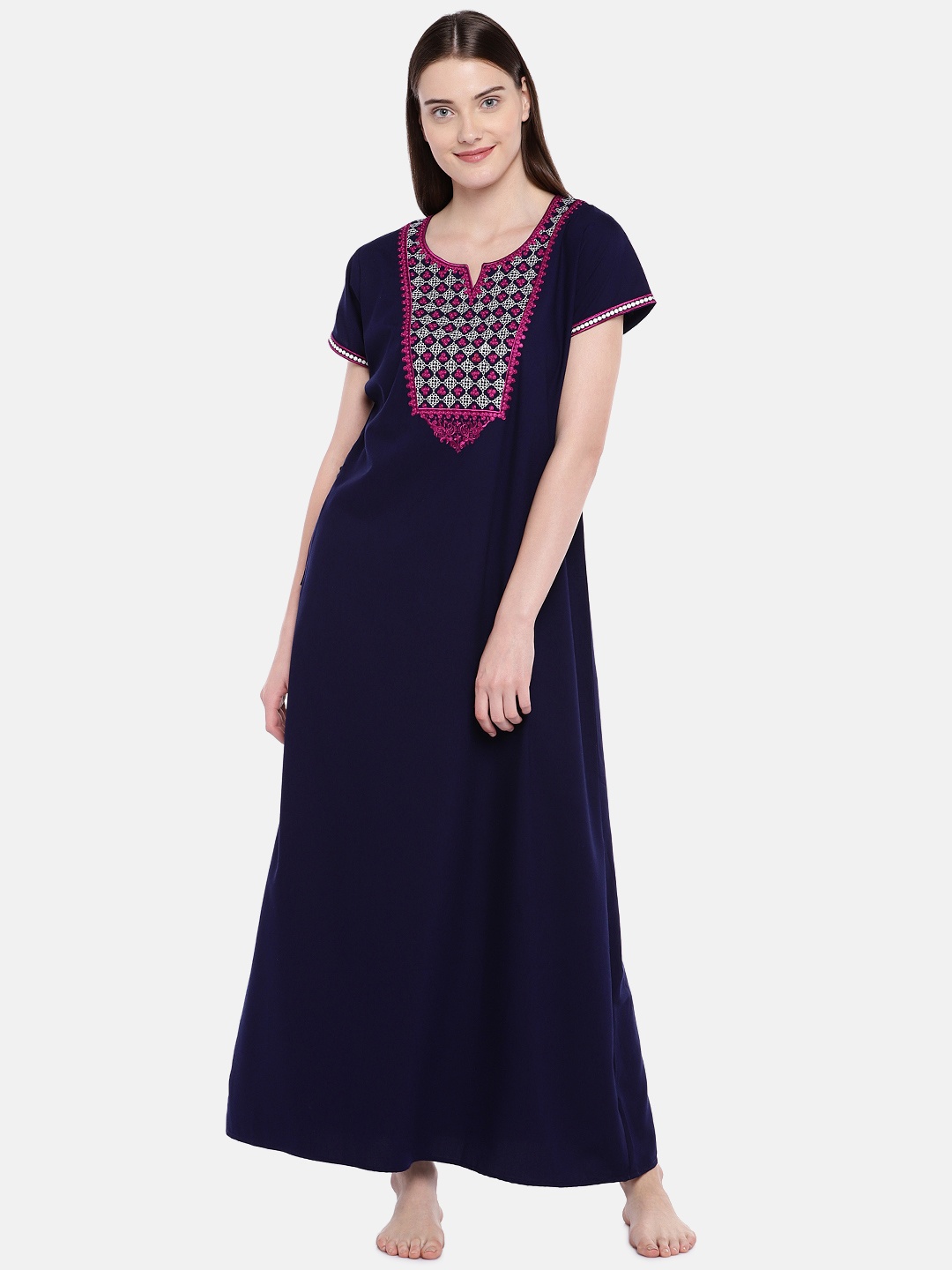 

Sand Dune Navy Blue & Pink Embroidered Nightdress