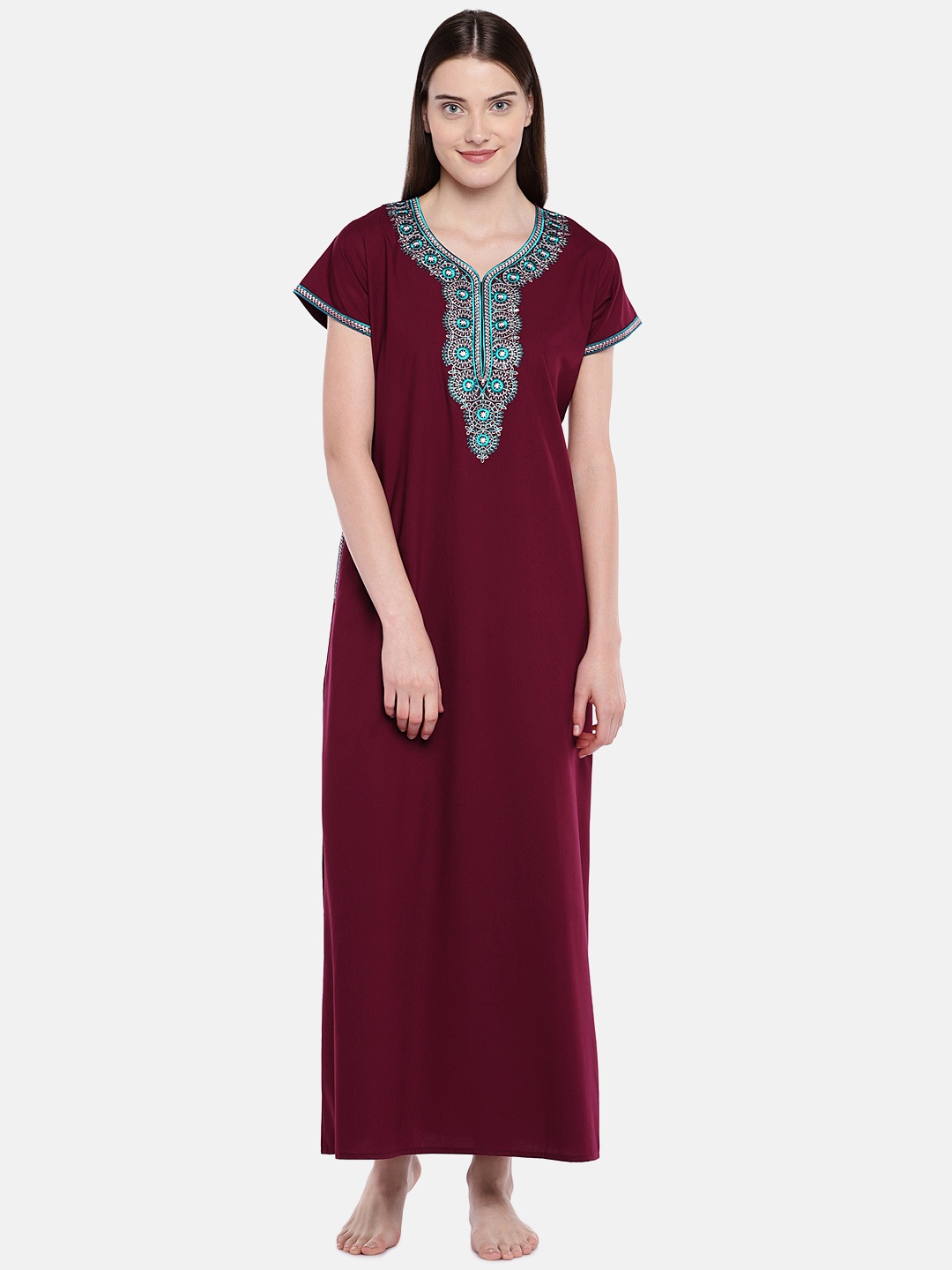 

Sand Dune Maroon Embroidered Nightdress 6065