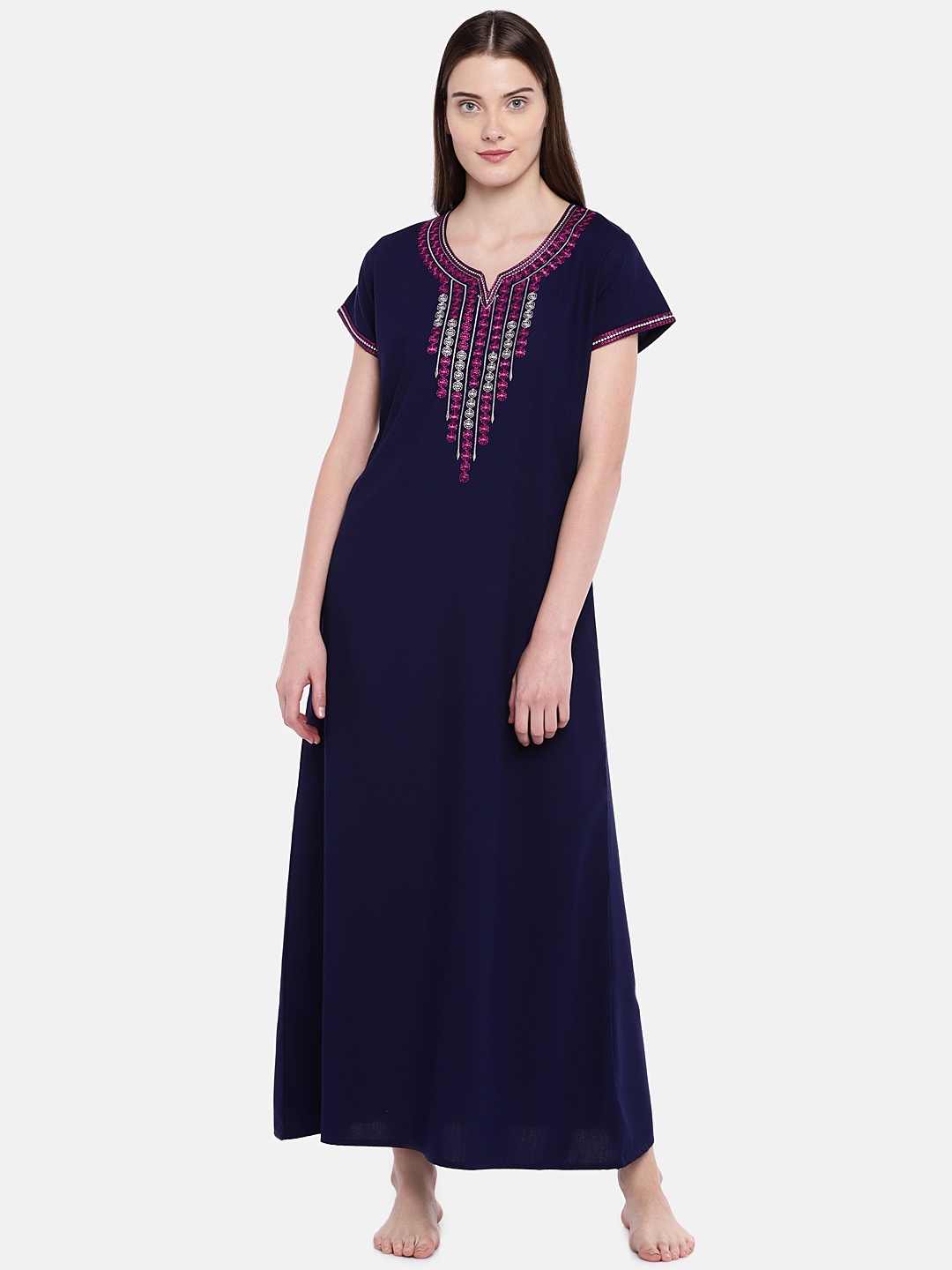 

Sand Dune Navy Blue & Pink Embroidered Nightdress