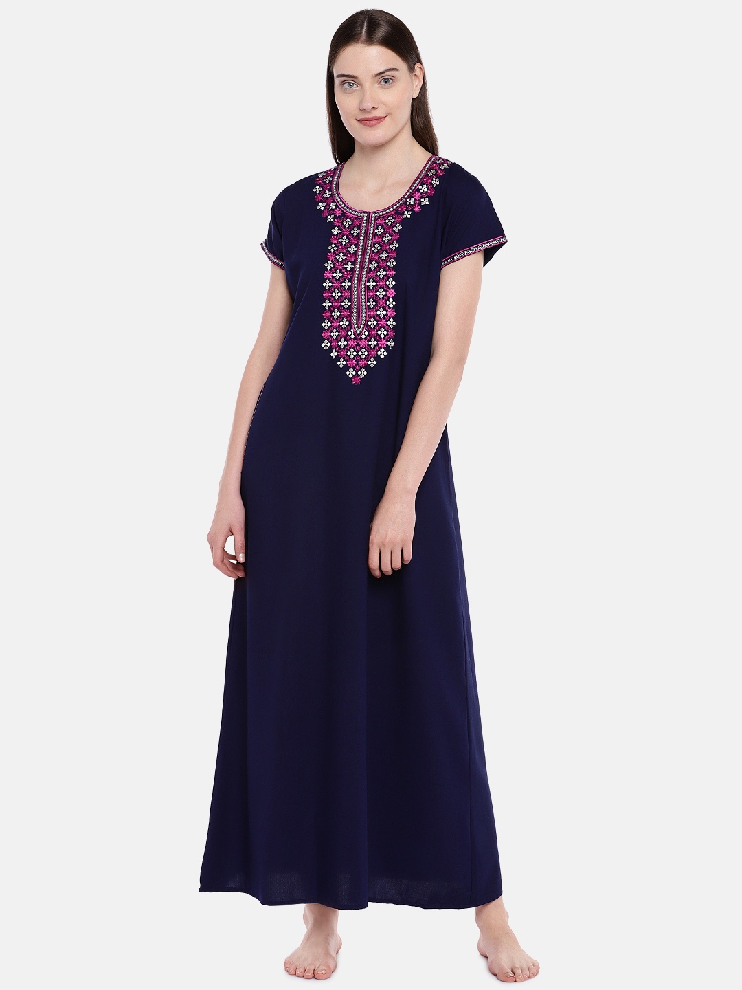 

Sand Dune Navy Blue & Pink Embroidered Nightdress