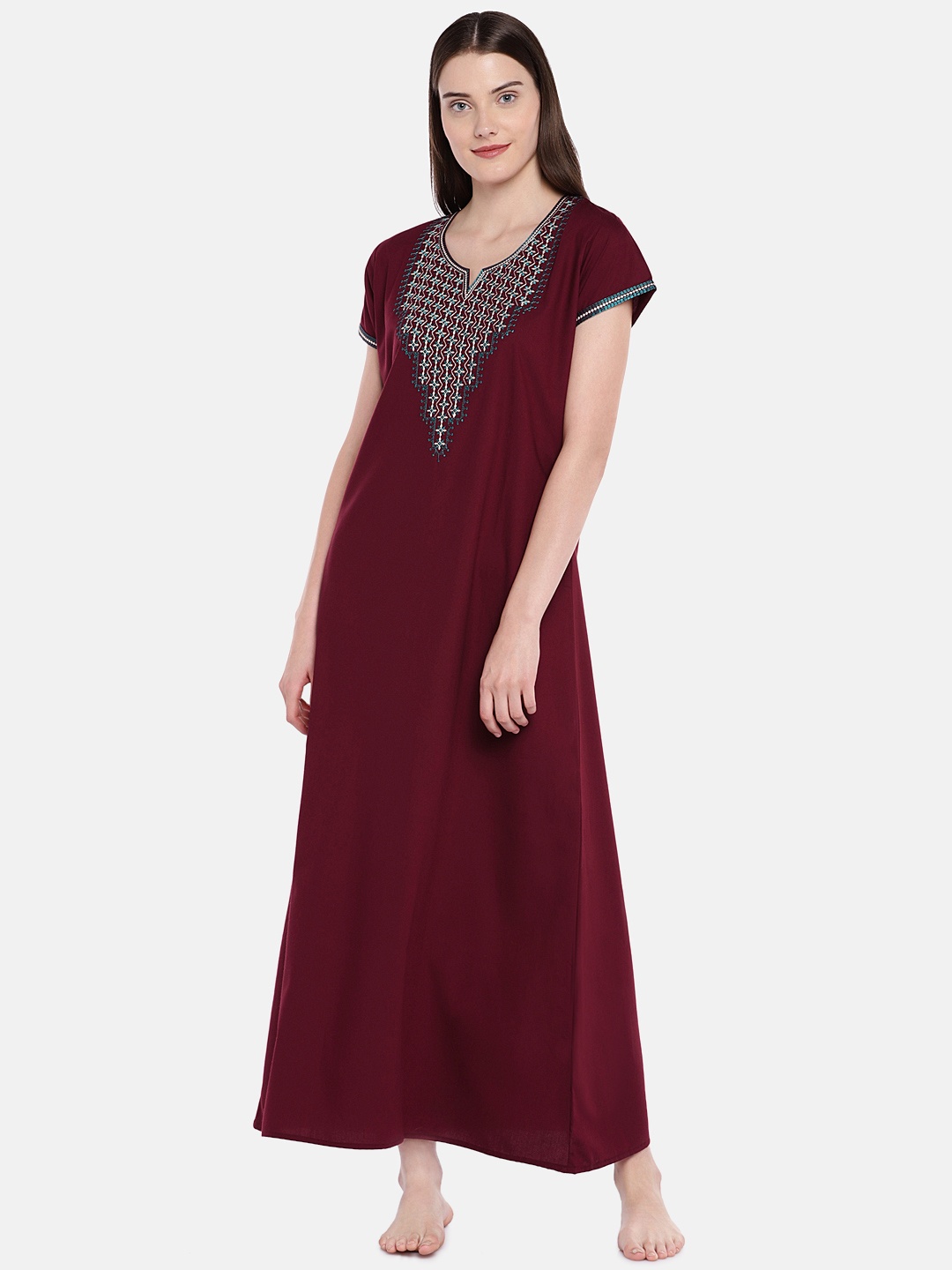 

Sand Dune Maroon & Green Embroidered Nightdress