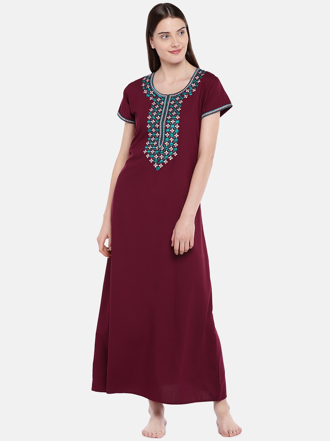 

Sand Dune Maroon Embroidered Nightdress