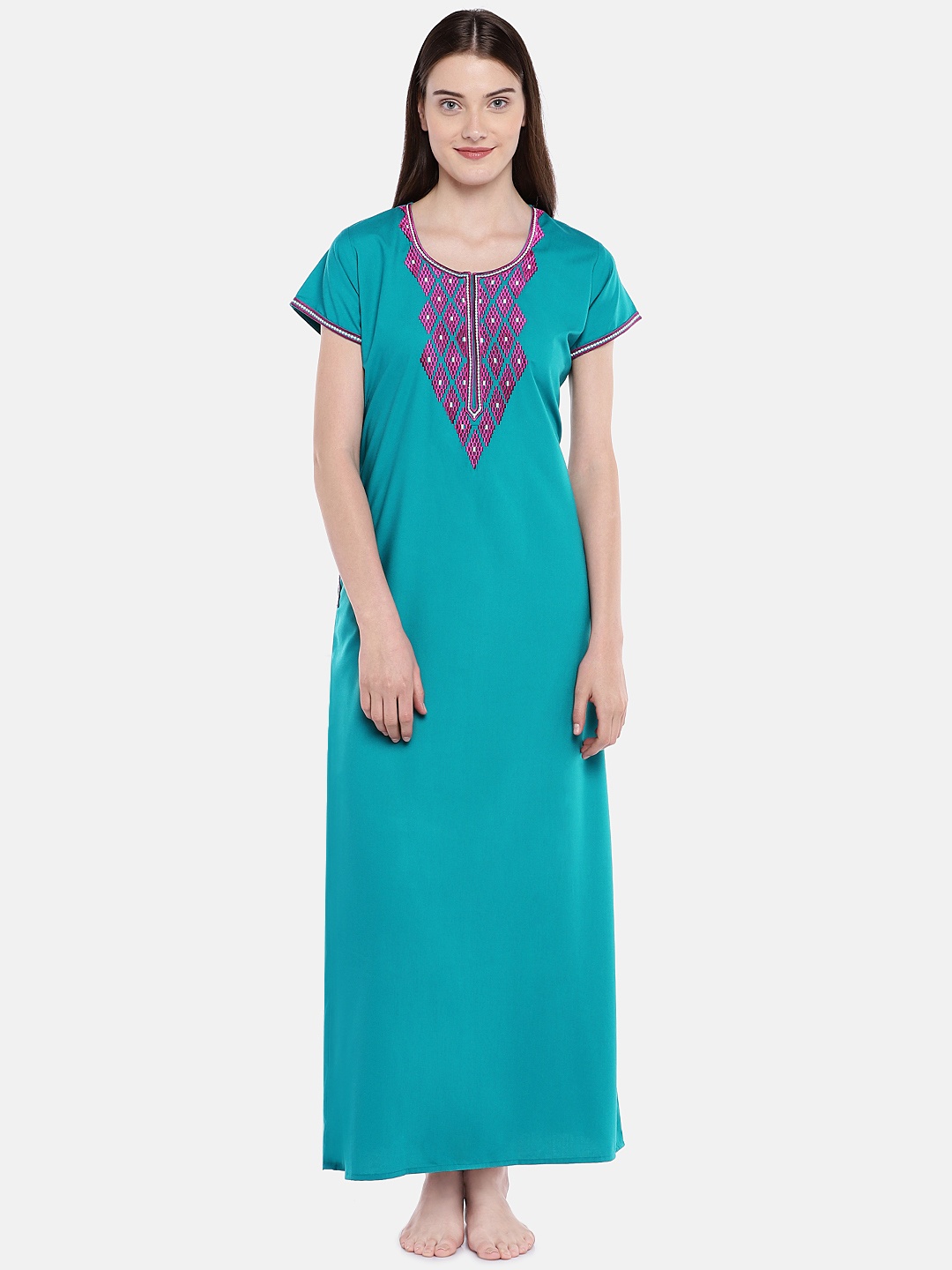 

Sand Dune Teal Blue Embroidered Nightdress