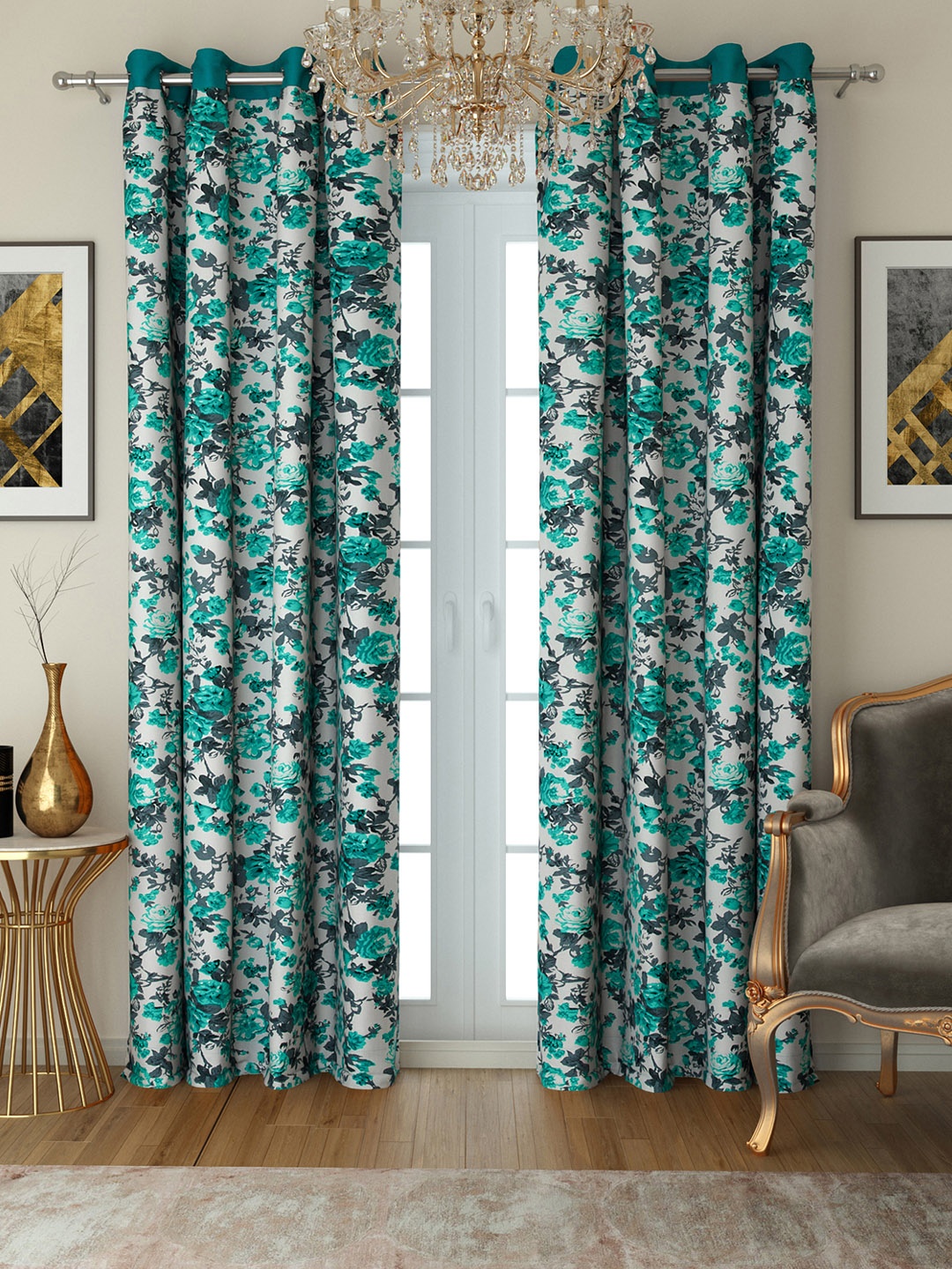 

SWAYAM White & Turquoise Blue Set of 2 Door Curtains