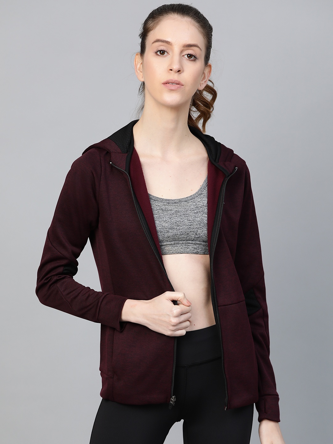 

HRX by Hrithik Roshan Women Burgundy & Black Training Rapid Dry Hooded Printed Jacket