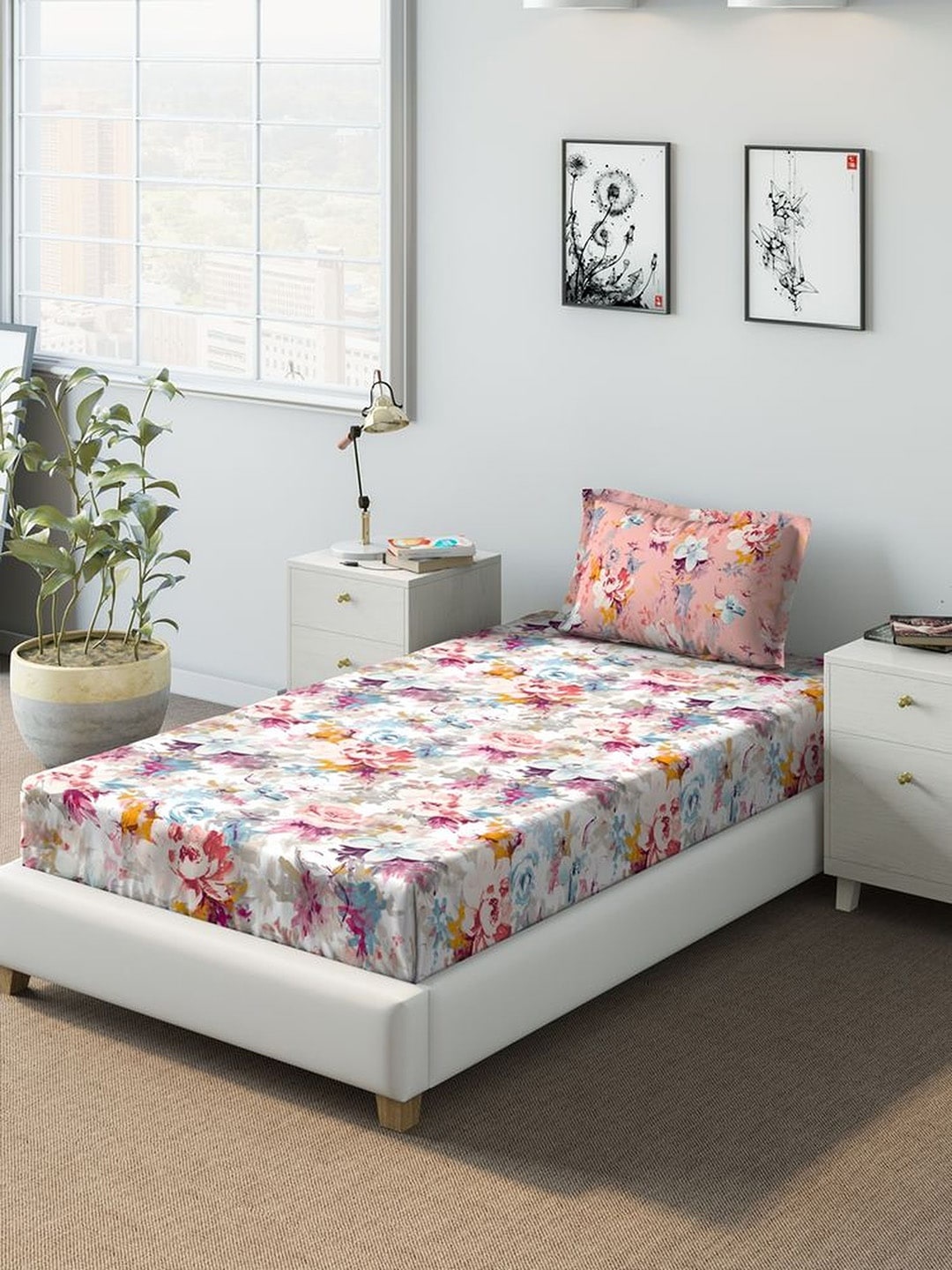 

DDecor Red & White Floral 140 TC Cotton 1 Single Bedsheet with 1 Pillow Cover