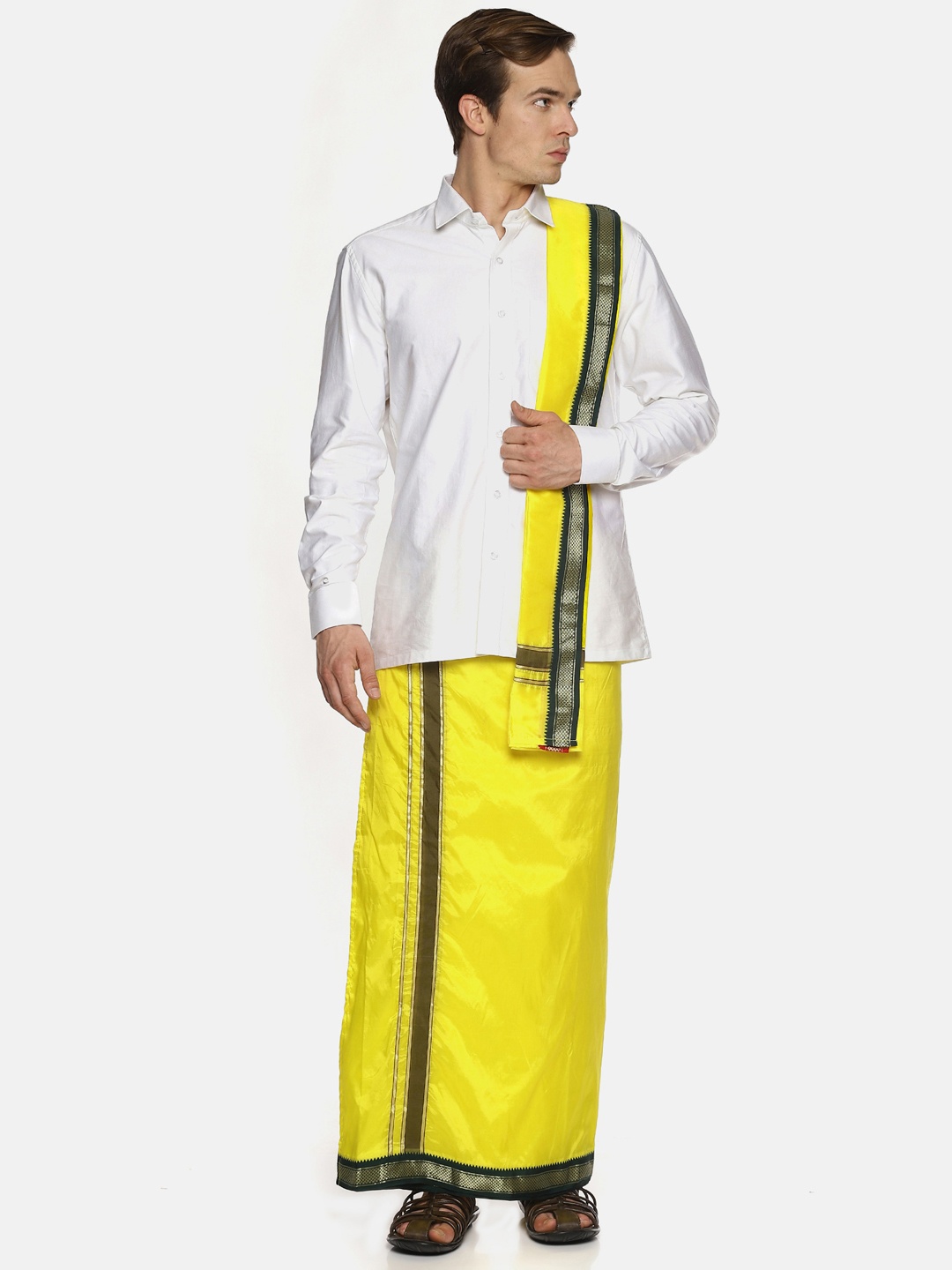 

Sethukrishna Men Yellow Solid Readymade Dhoti With Angavastram