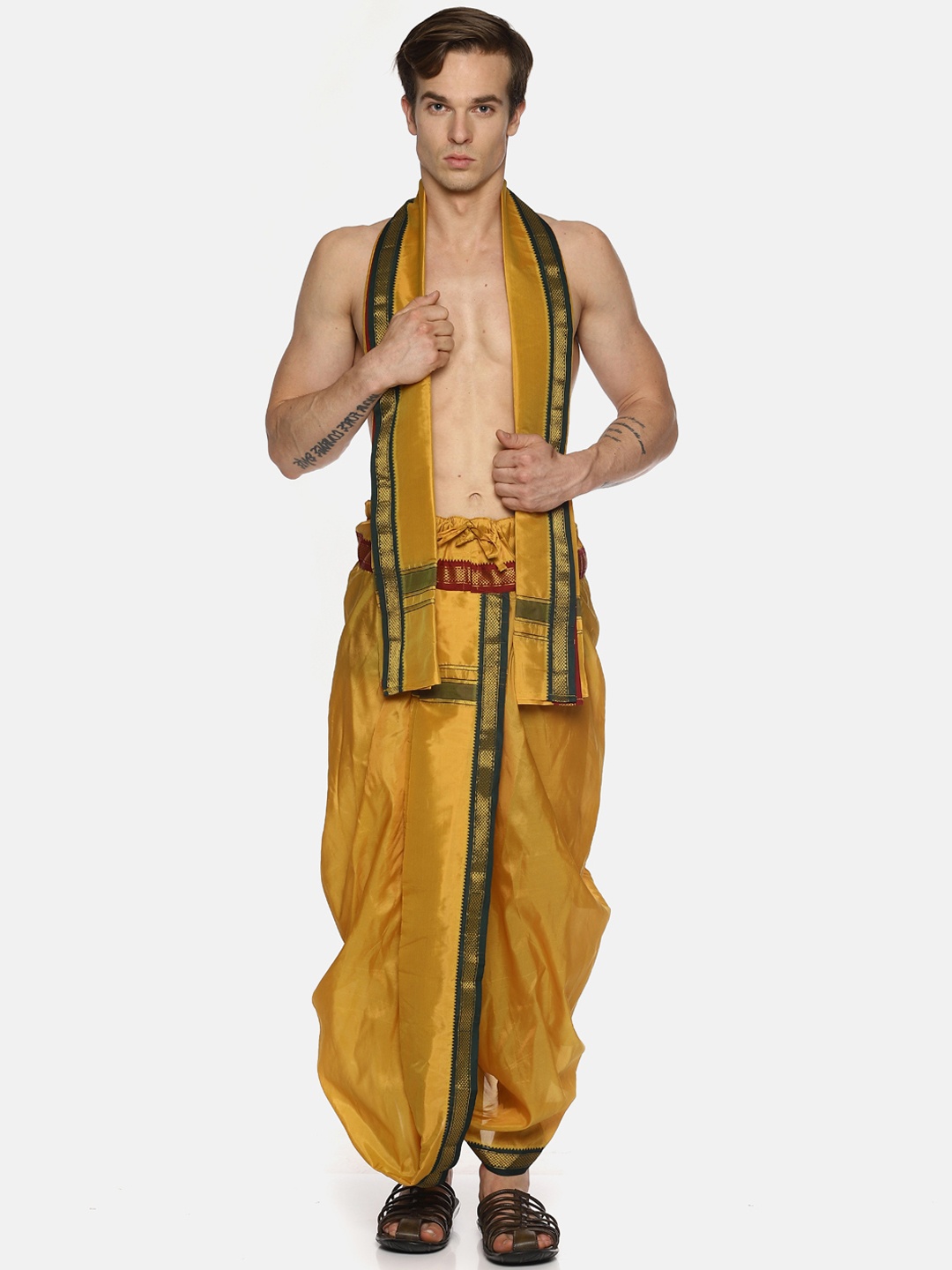 

Sethukrishna Men Mustard Yellow Solid Readymade Dhoti Pants With Angavastram