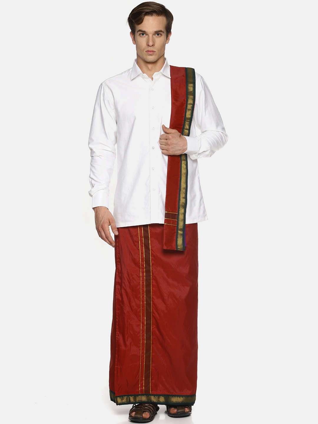 

Sethukrishna Men Maroon Solid Readymade Dhoti With Angavastram