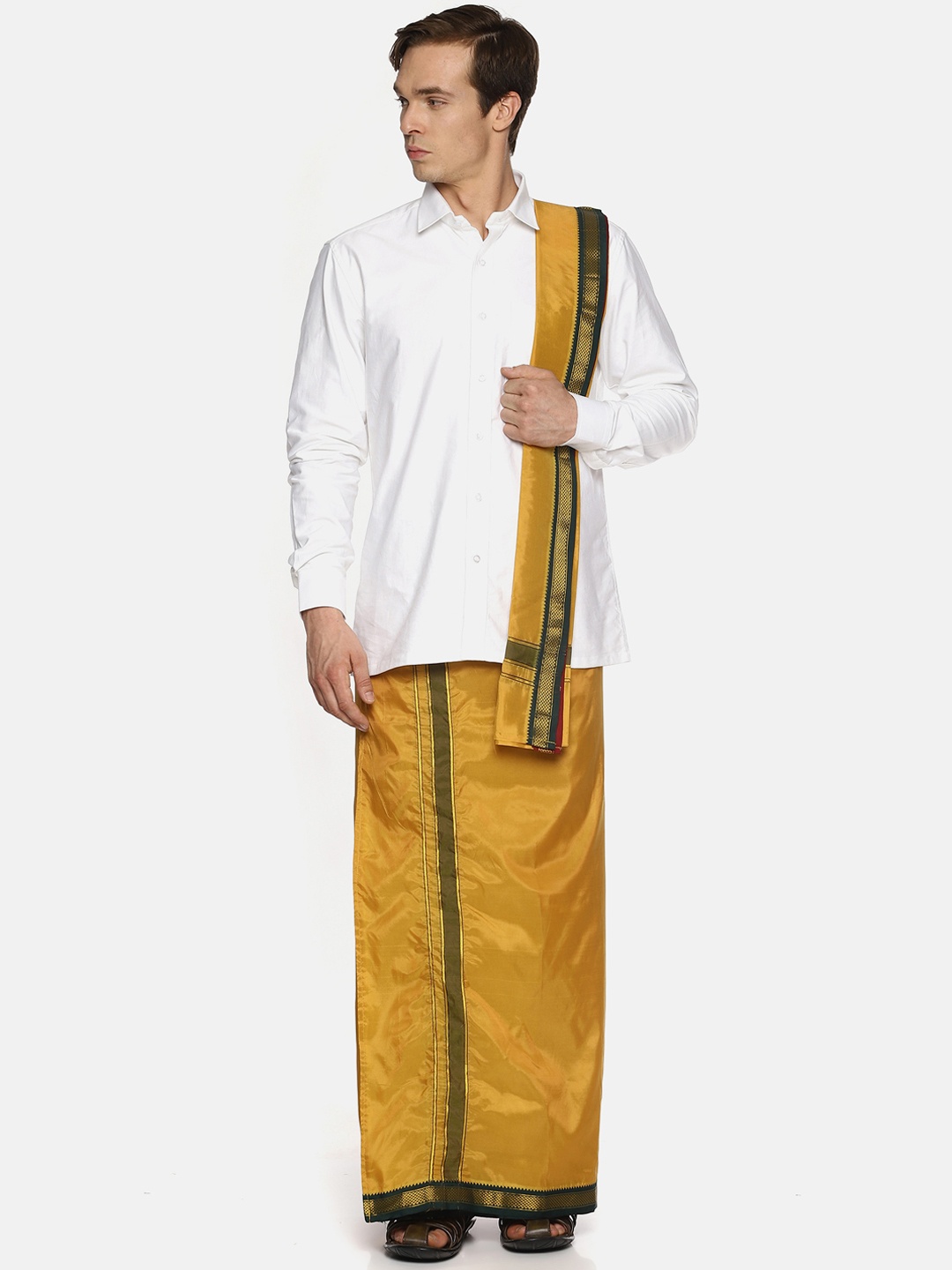 

Sethukrishna Men Mustard Yellow Solid Readymade Dhoti With Angavastram